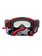Alpinestars Vision 8 Luar Goggles Roll Off, motocrossglasögon, röd, svart och klar, vy bakifrån med grått ansiktsskum, roll-off-behållare på sidorna och ett brett justerbart band med stor grå Alpinestars-logotyp och röda detaljer.