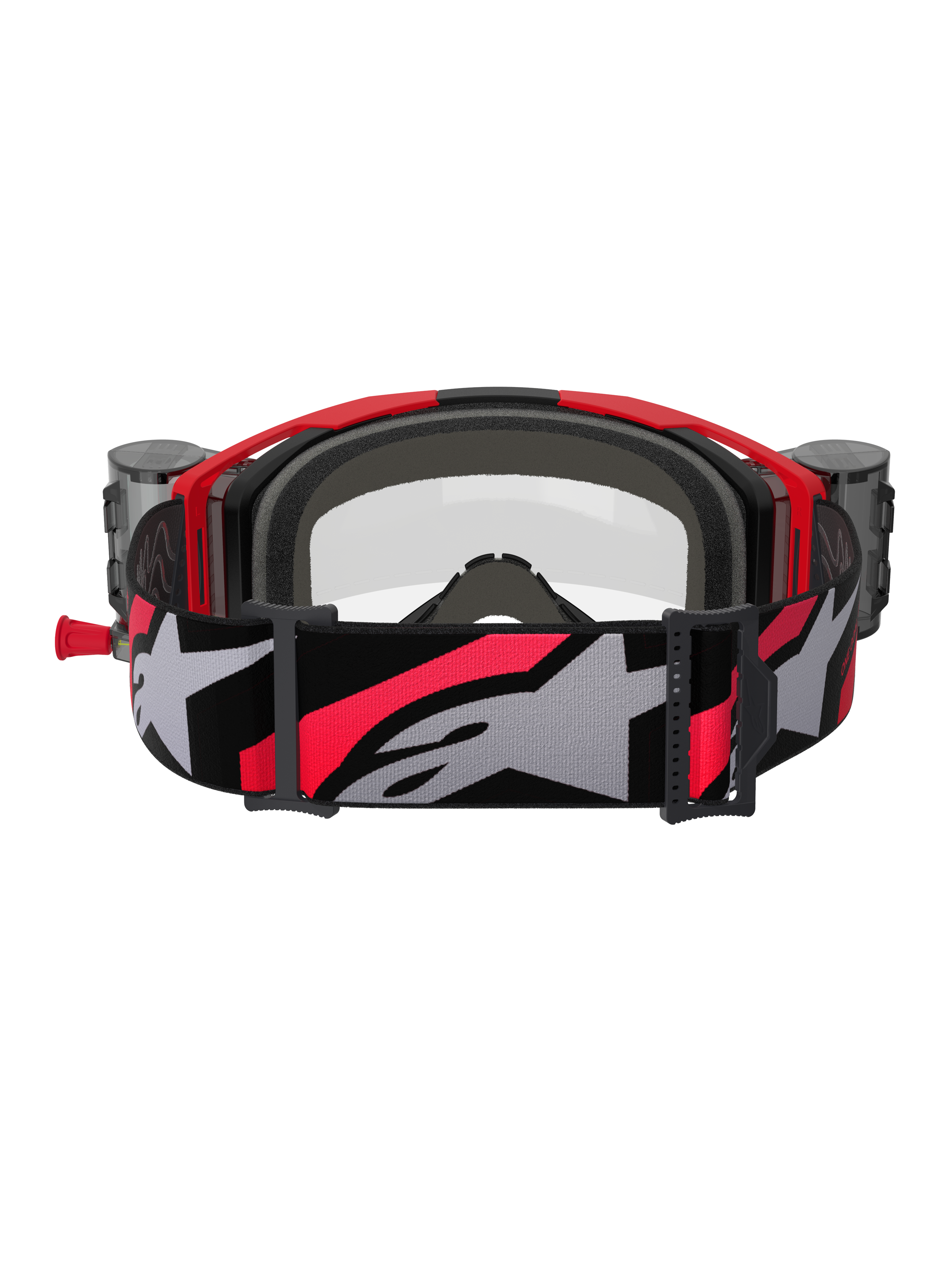 Alpinestars Vision 8 Luar Goggles Roll Off, motocrossglasögon, röd, svart och klar, vy bakifrån med grått ansiktsskum, roll-off-behållare på sidorna och ett brett justerbart band med stor grå Alpinestars-logotyp och röda detaljer.
