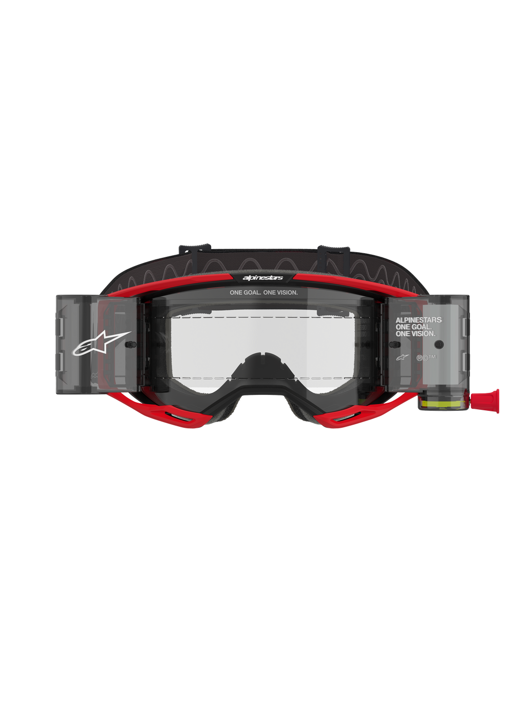Alpinestars Vision 8 Luar Goggles Roll Off, motocrossglasögon, röda och svarta, med en klar lins och integrerade roll-off-behållare, tydlig Alpinestars-branding med texten "ONE GOAL. ONE VISION.", designade för sikt vid terrängkörning