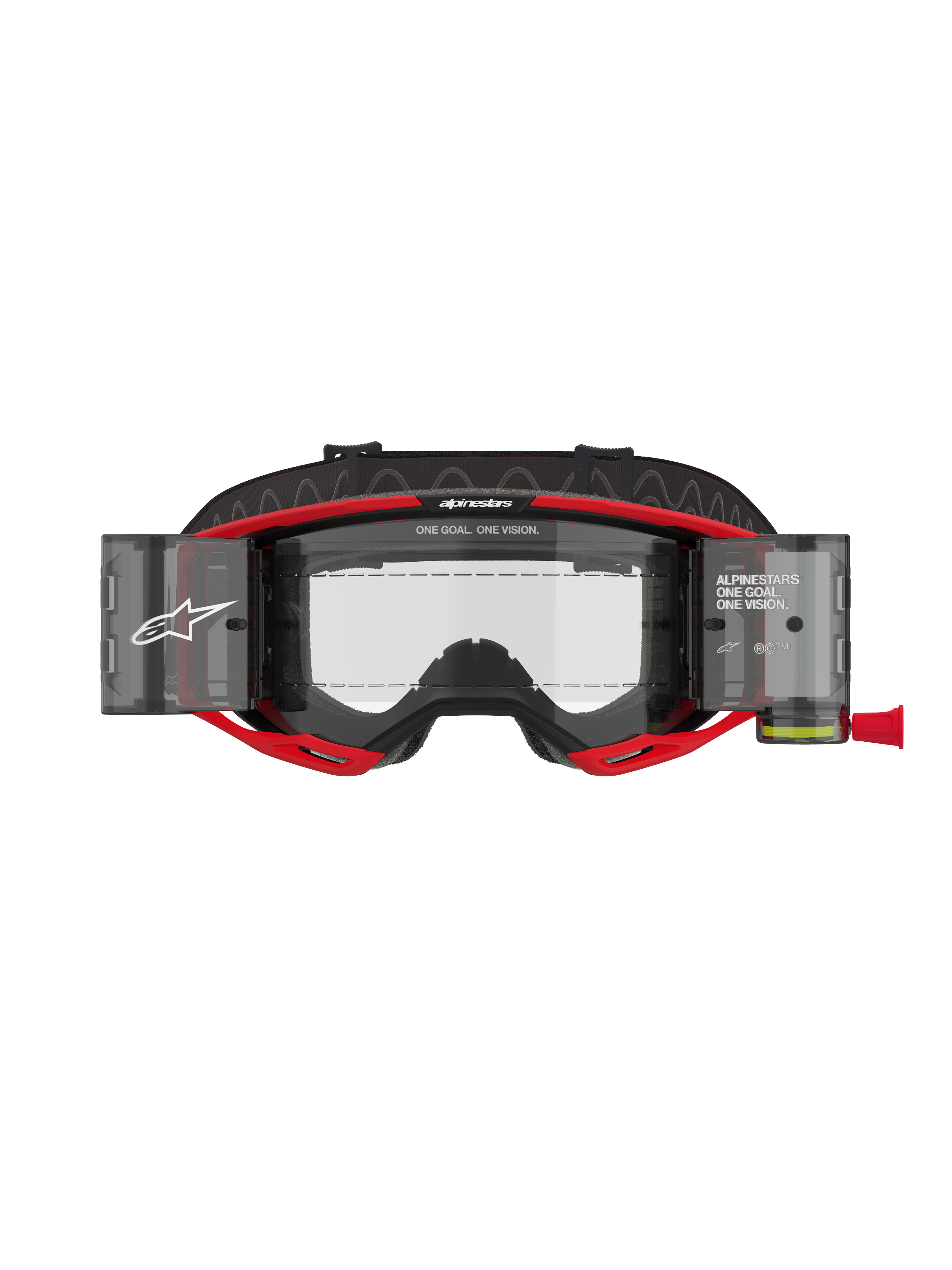 Alpinestars Vision 8 Luar Goggles Roll Off, motocrossglasögon, röda och svarta, med en klar lins och integrerade roll-off-behållare, tydlig Alpinestars-branding med texten "ONE GOAL. ONE VISION.", designade för sikt vid terrängkörning