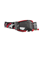 Alpinestars Vision 8 Luar Goggles Roll Off, motocrossglasögon, röd och svart ram med klar lins, integrerat roll-off-system och bred svart rem med vita logotyper och röda detaljer
