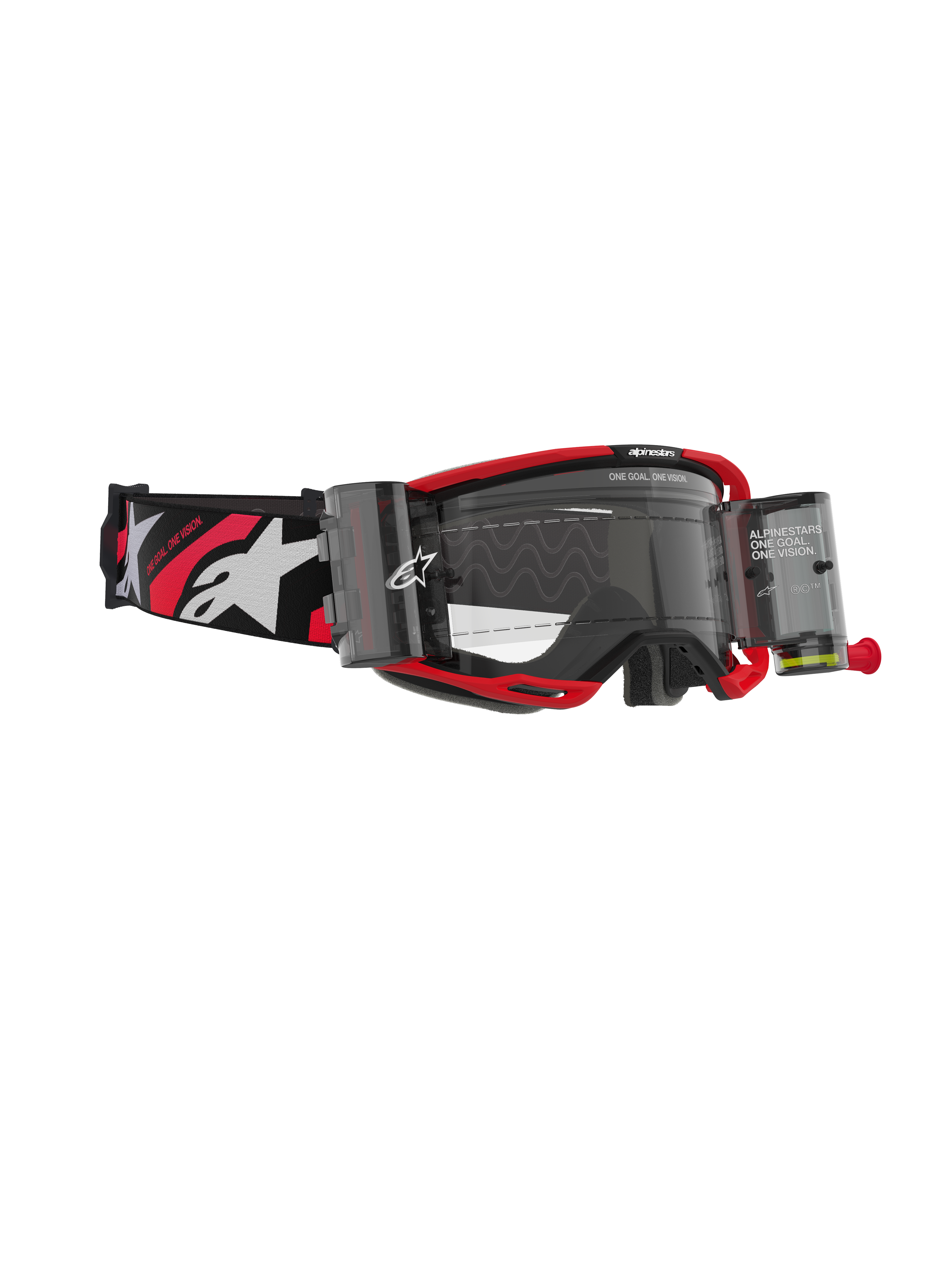 Alpinestars Vision 8 Luar Goggles Roll Off, motocrossglasögon, röd och svart ram med klar lins, integrerat roll-off-system och bred svart rem med vita logotyper och röda detaljer