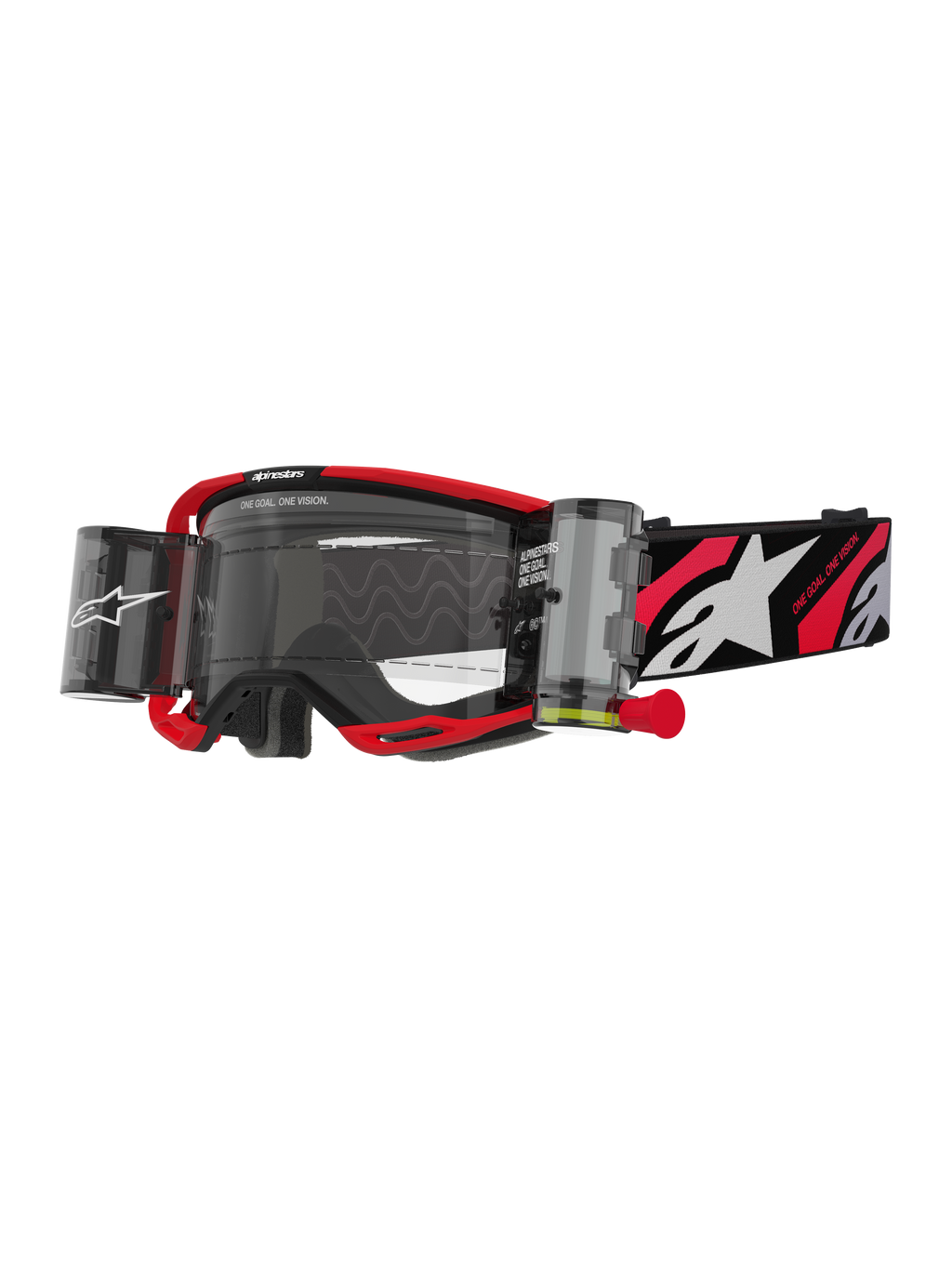 Alpinestars Vision 8 Luar Goggles Roll Off, motocross-glasögon, röd och svart, klar lins med integrerat roll-off-system för brett synfält, röd dragflik, svart rem med vit stjärnlogotyp och 'ONE GOAL ONE VISION'-grafik