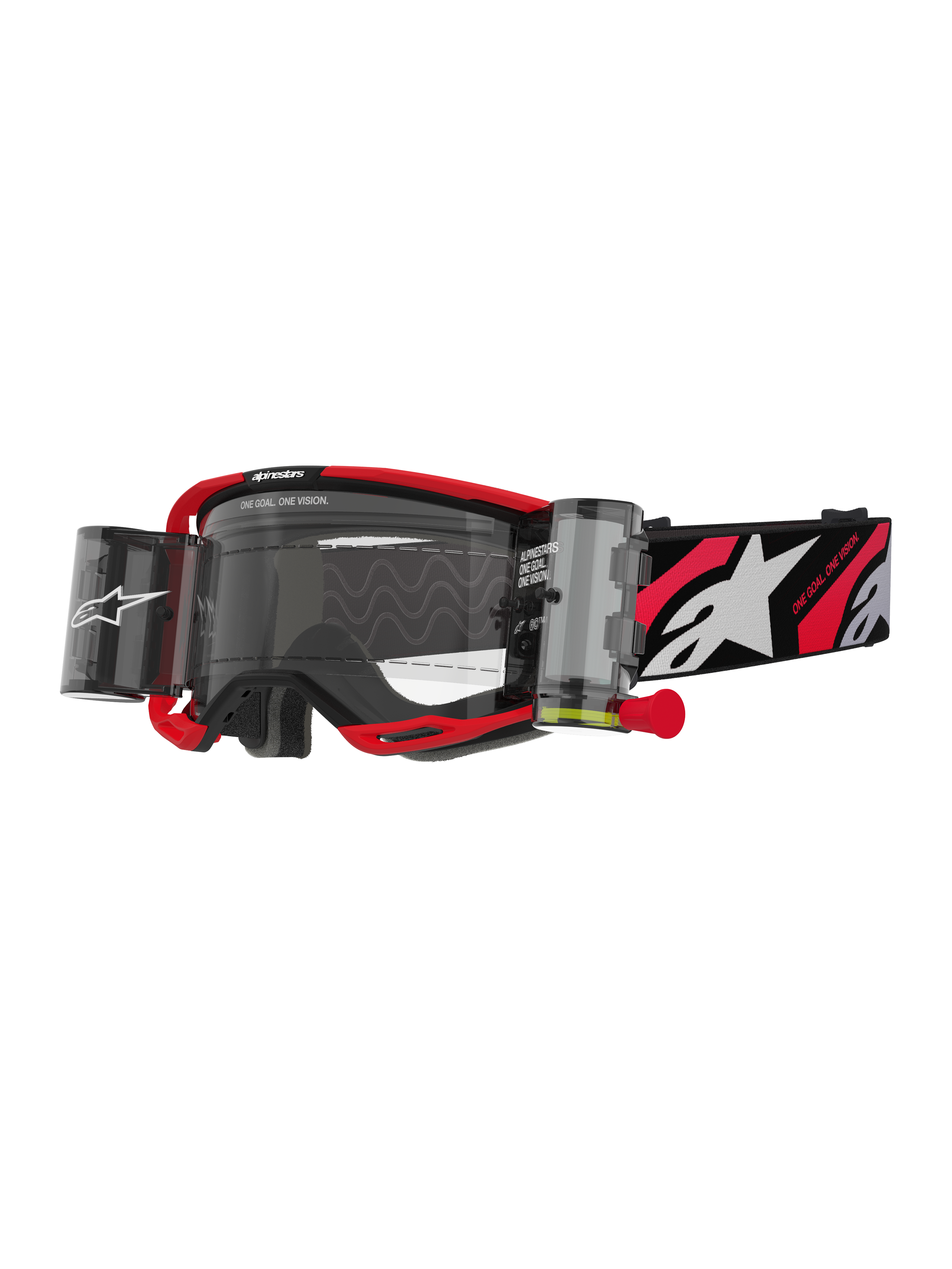 Alpinestars Vision 8 Luar Goggles Roll Off, motocross-glasögon, röd och svart, klar lins med integrerat roll-off-system för brett synfält, röd dragflik, svart rem med vit stjärnlogotyp och 'ONE GOAL ONE VISION'-grafik