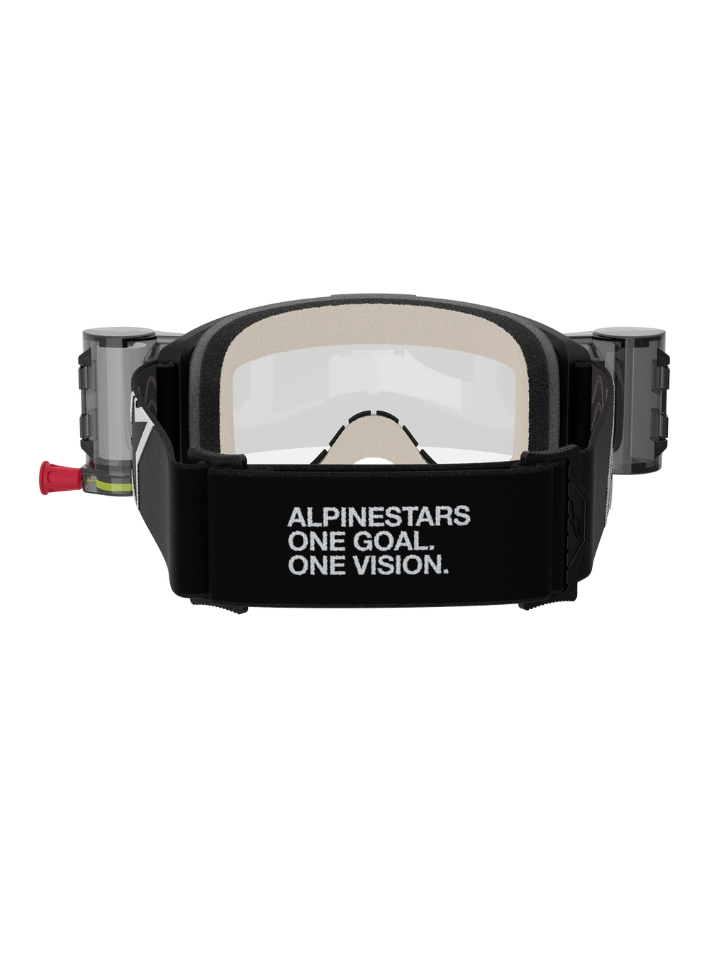 Alpinestars Vision 5 Corp Goggles Roll Off, motocrossglasögon, svarta och klara, vy bakifrån med ett brett svart band med 'ALPINESTARS ONE GOAL. ONE VISION.'-märkning, roll-off-behållare och bekvämt flerskiktsskum