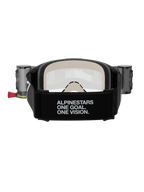 Alpinestars Vision 5 Corp Goggles Roll Off, motocrossglasögon, svarta och klara, vy bakifrån med ett brett svart band med 'ALPINESTARS ONE GOAL. ONE VISION.'-märkning, roll-off-behållare och bekvämt flerskiktsskum