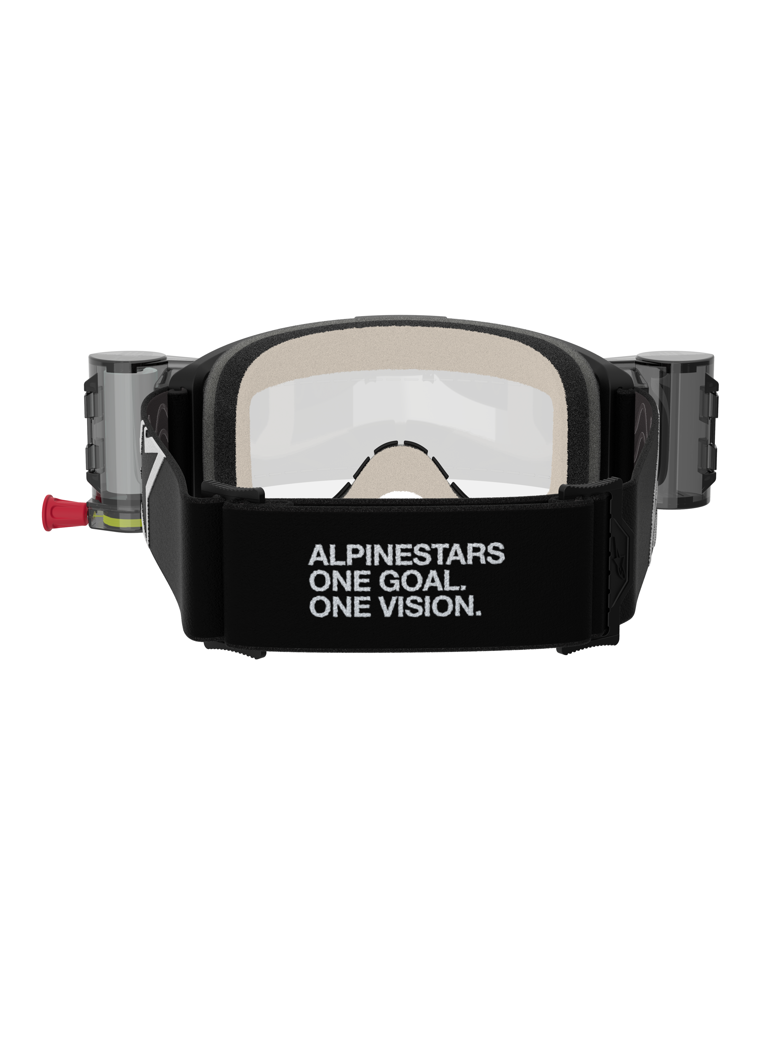 Alpinestars Vision 5 Corp Goggles Roll Off, motocrossglasögon, svarta och klara, vy bakifrån med ett brett svart band med 'ALPINESTARS ONE GOAL. ONE VISION.'-märkning, roll-off-behållare och bekvämt flerskiktsskum