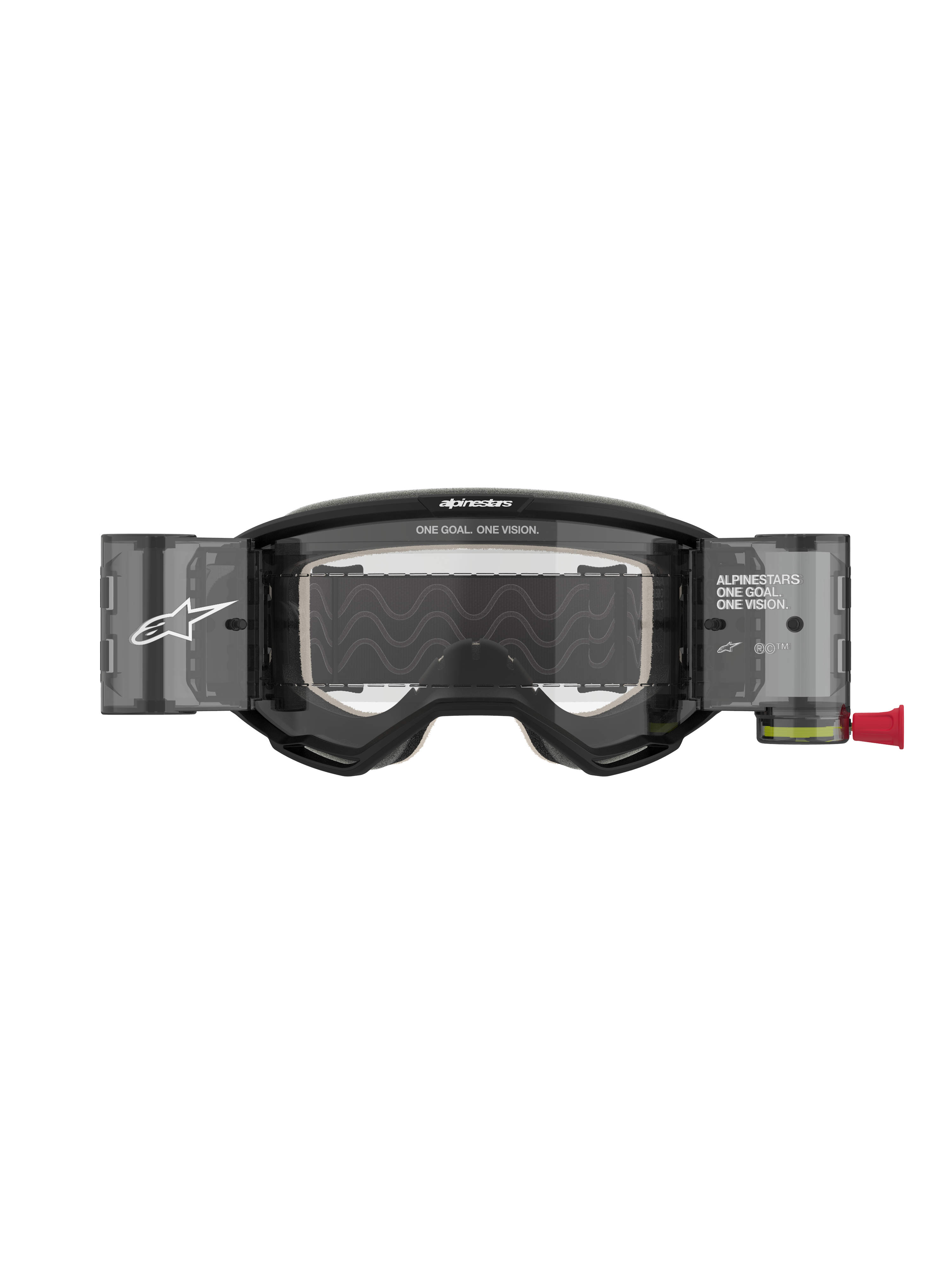Alpinestars Vision 5 Corp Goggles Roll Off, motocrossglasögon, svarta med klar lins, med integrerade Wide Vision Roll-Off-behållare, imskyddsbehandlad polykarbonatlins, A-FLEX-uretanram och tydlig Alpinestars-logotyp.