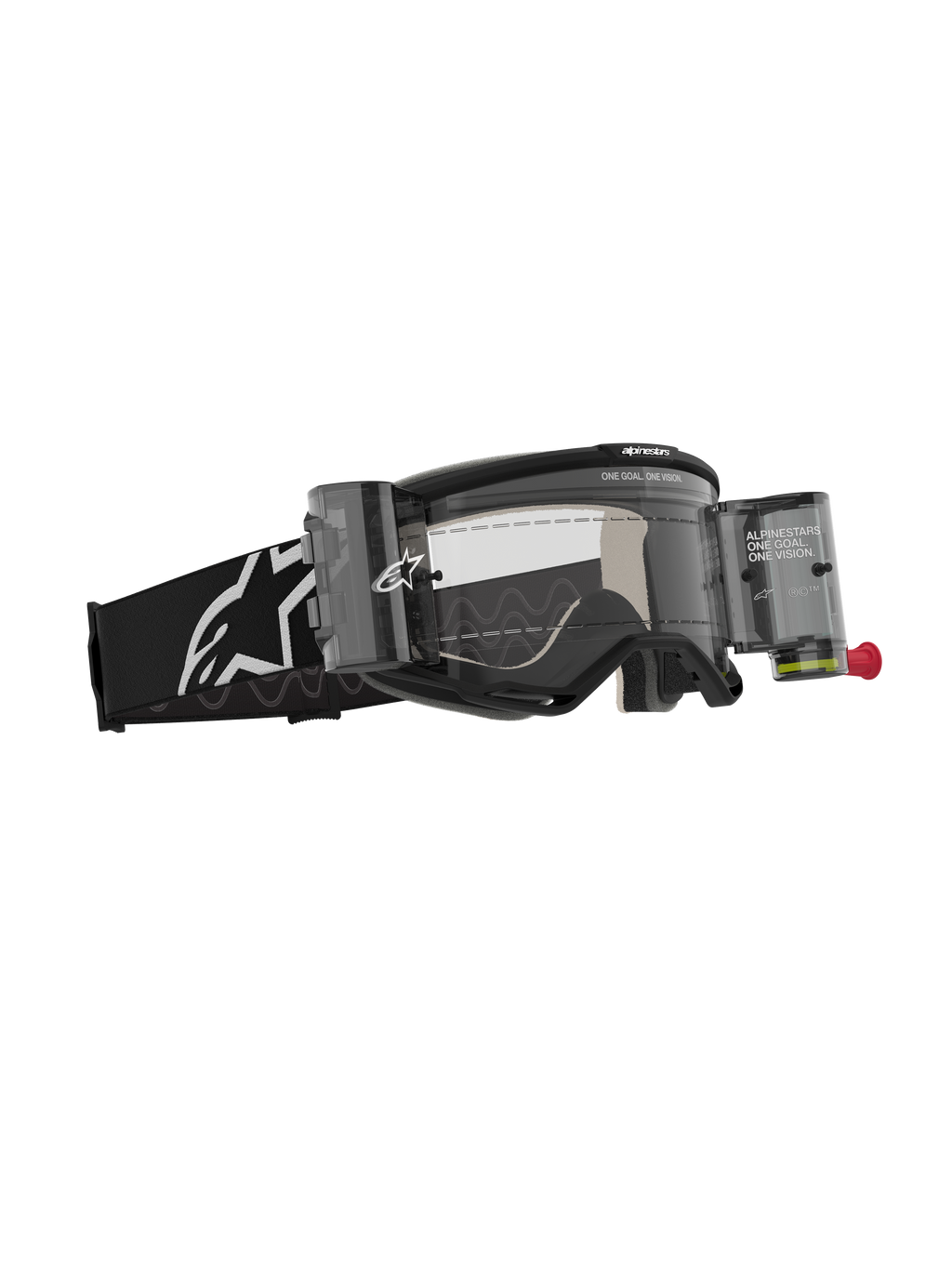 Alpinestars Vision 5 Corp Goggles Roll Off, motocrossglasögon, svarta med klar lins, utrustade med Wide Vision roll-off-system med kassetter och film, svart vävd rem med vit Alpinestars-logotyp, högpresterande ögonskydd för terrängkörning
