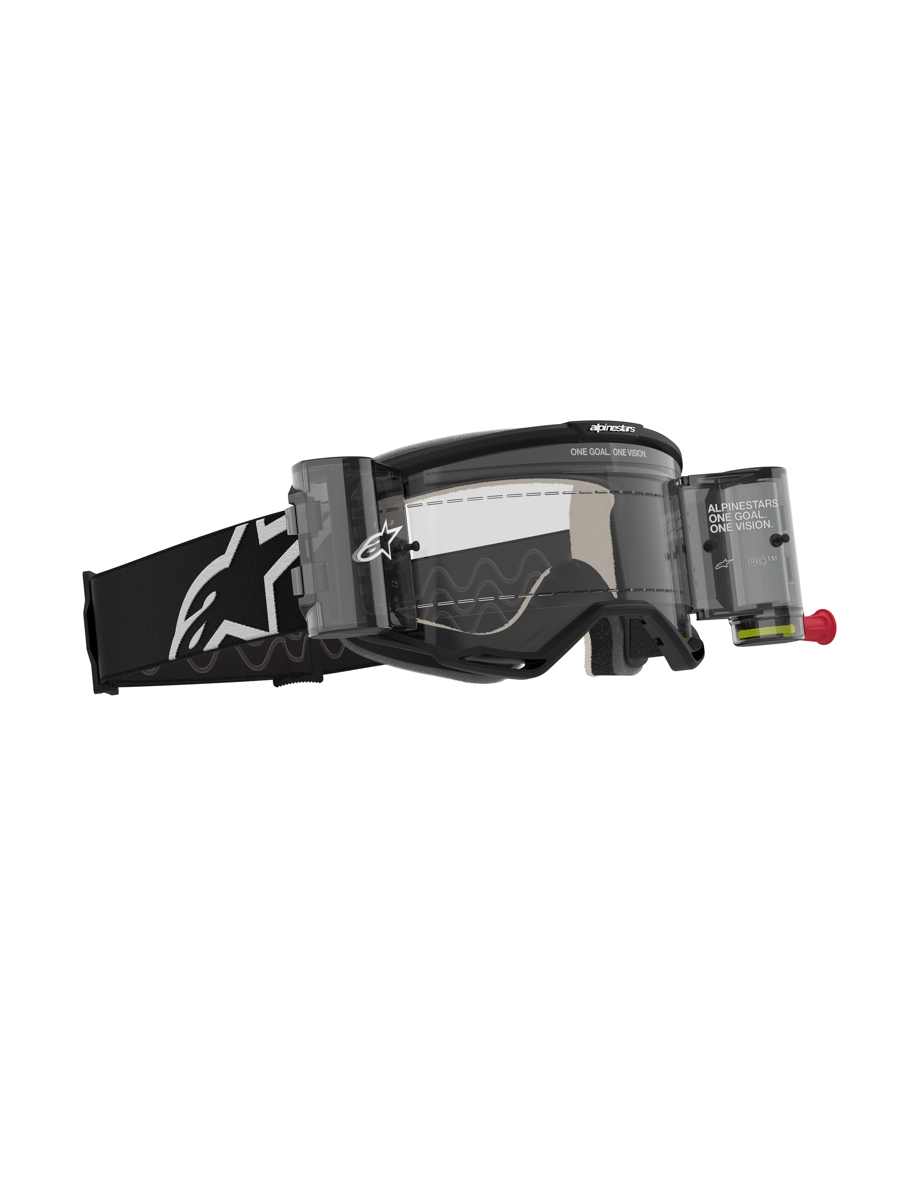 Alpinestars Vision 5 Corp Goggles Roll Off, motocrossglasögon, svarta med klar lins, utrustade med Wide Vision roll-off-system med kassetter och film, svart vävd rem med vit Alpinestars-logotyp, högpresterande ögonskydd för terrängkörning