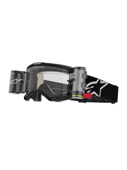Alpinestars Vision 5 Corp Goggles Roll Off, motocrossglasögon, svart och vit, klar lins med integrerat Wide Vision roll-off-system, röd dragflik, svart rem med vit stjärnlogotyp, ONE GOAL ONE VISION-branding
