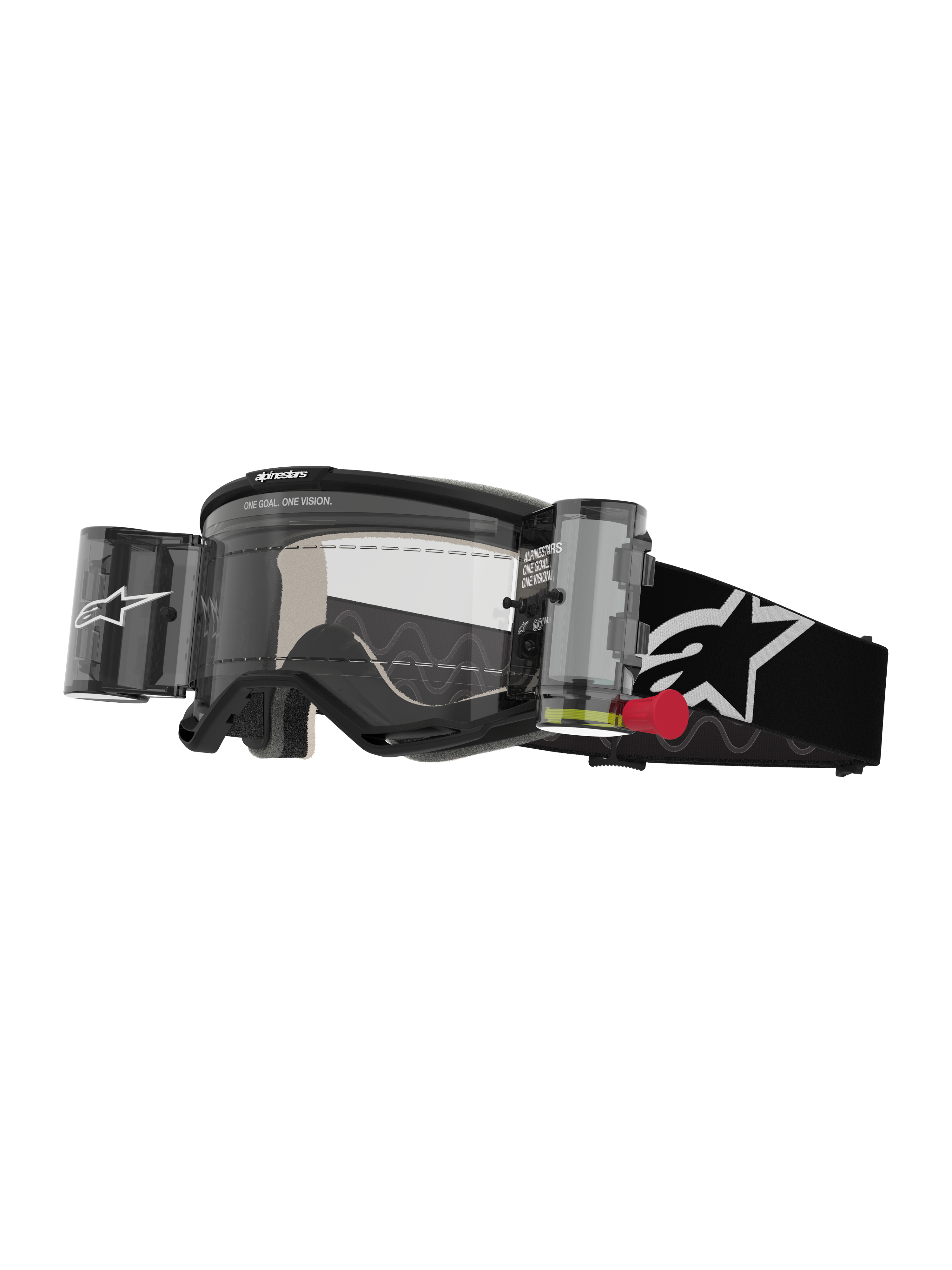 Alpinestars Vision 5 Corp Goggles Roll Off, motocrossglasögon, svart och vit, klar lins med integrerat Wide Vision roll-off-system, röd dragflik, svart rem med vit stjärnlogotyp, ONE GOAL ONE VISION-branding