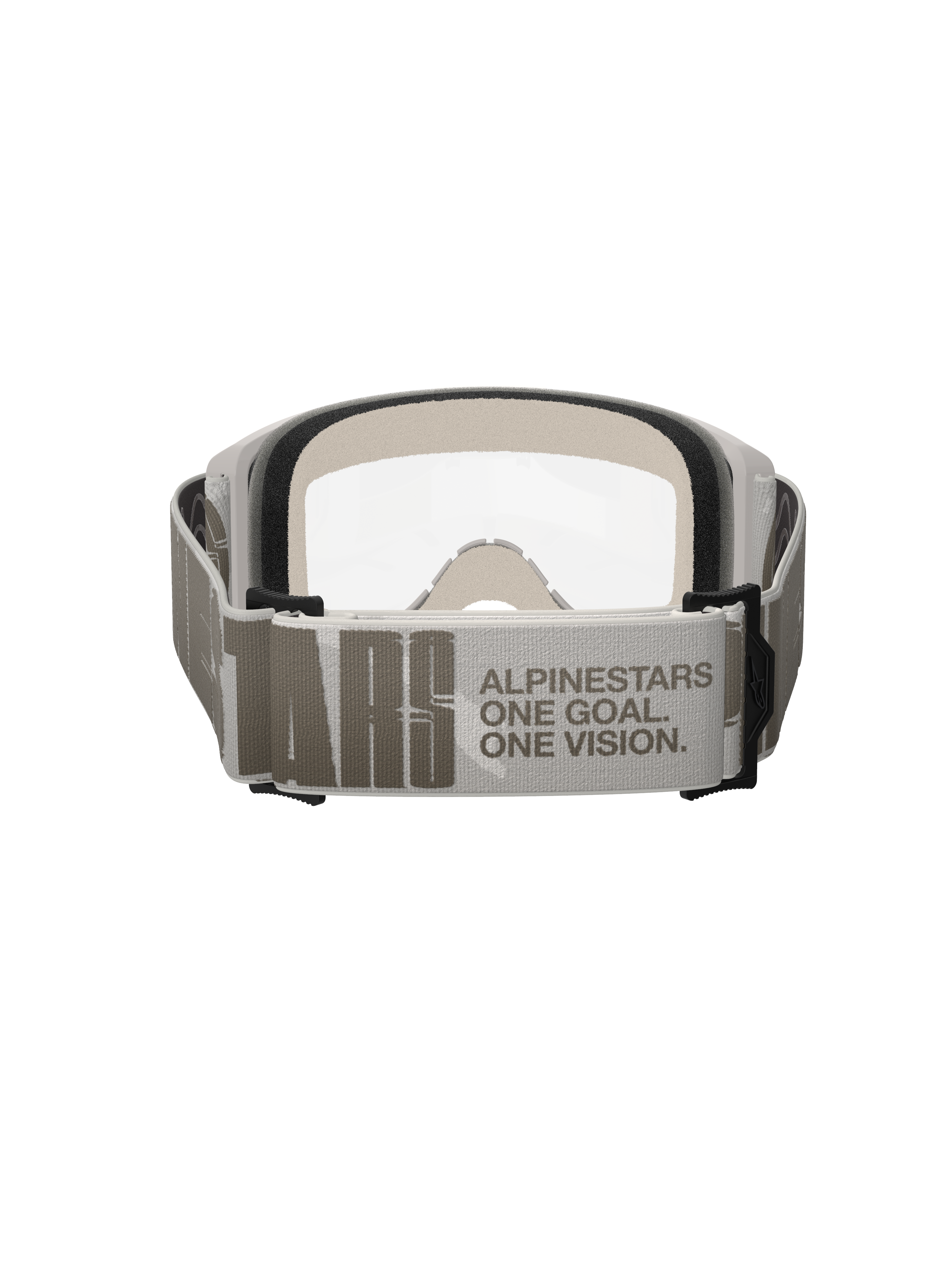 Alpinestars Vision 5 Hollow Goggles, motocrossglasögon, Wind Clear, baksida med fokus på det breda ljusgrå bandet med Alpinestars-logotyp och sloganen 'One Goal One Vision', vit ram med klar lins och tjockt ansiktsskum synligt