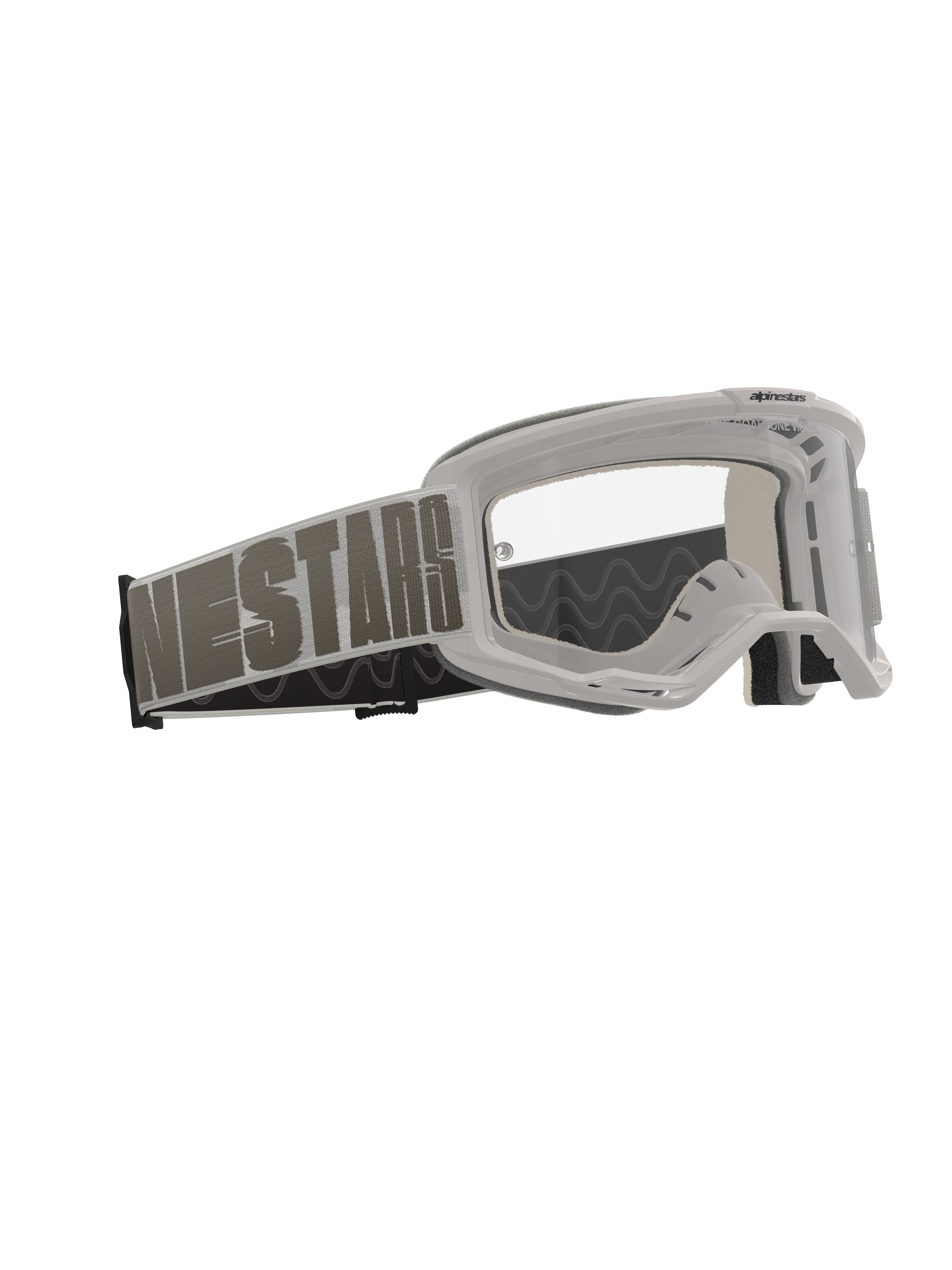Alpinestars Vision 5 Hollow-glasögon, motocrossglasögon, Wind Clear, ljusgrå ram med klar imskyddad lins, brett vävt band med framträdande 'NESTARS'-logotyp, högpresterande skyddsglasögon för terrängkörning