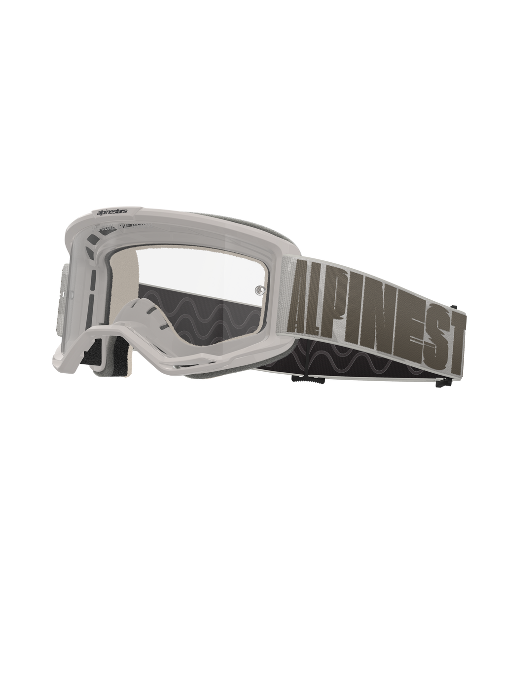 Alpinestars Vision 5 Hollow goggles, motocrossglasögon, vit ram med klar lins, brett ljusgrått band med mörkgrå Alpinestars-text, flerstegsskum, högpresterande skyddsglasögon för terrängkörning
