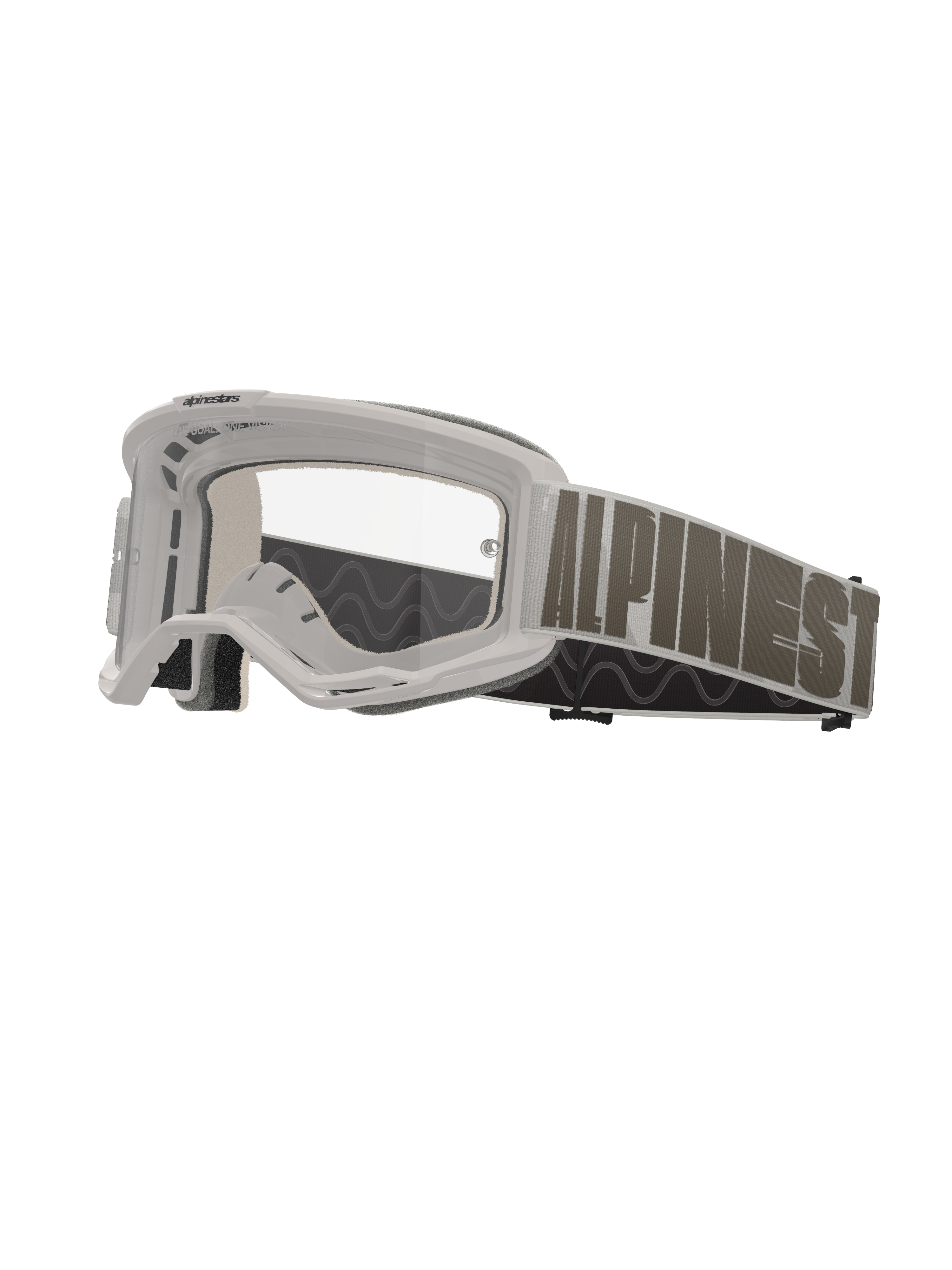 Alpinestars Vision 5 Hollow goggles, motocrossglasögon, vit ram med klar lins, brett ljusgrått band med mörkgrå Alpinestars-text, flerstegsskum, högpresterande skyddsglasögon för terrängkörning