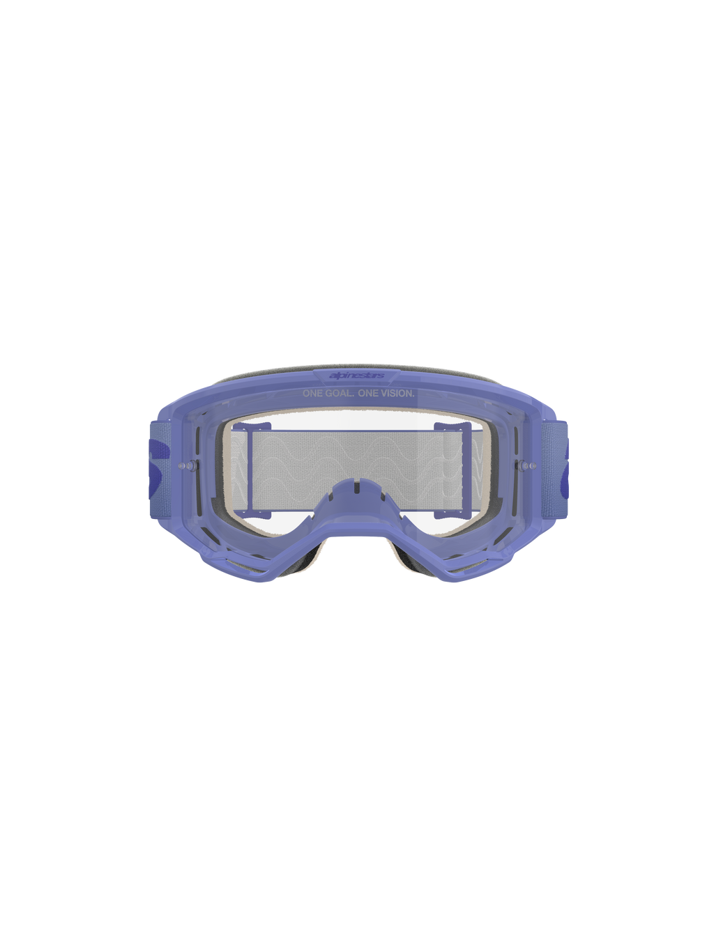 Alpinestars Vision 5 Wordmark Goggles, Purple and Clear, featuring a lightweight A-FLEX urethane frame, clear anti-fog polycarbonate lens with 'ONE GOAL. ONE VISION.' branding, 17mm multi-layer face foam, and purple woven strap with bold wordmark logo, professional motocross eye protection