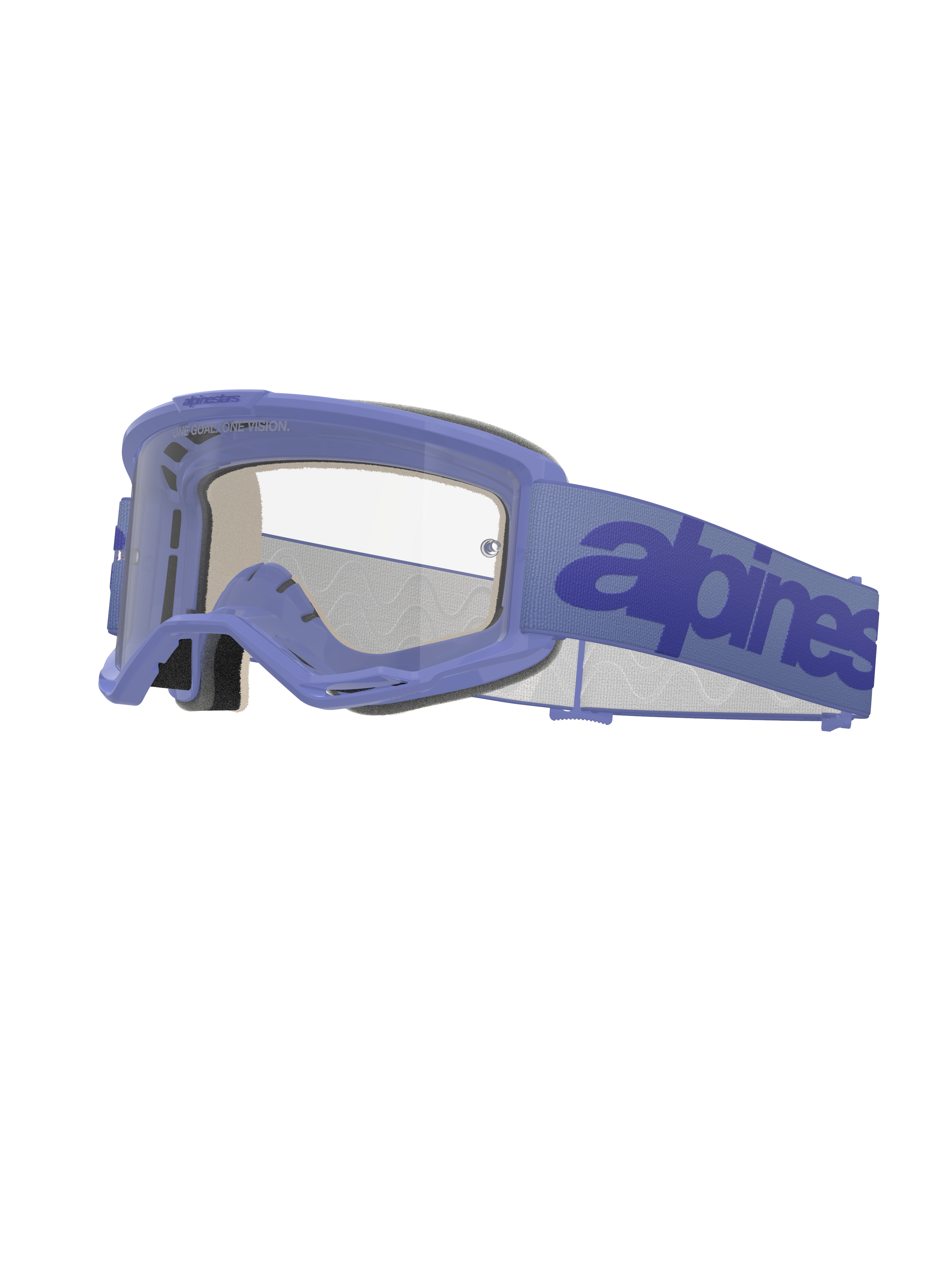Alpinestars Vision 5 Wordmark Goggles, motocrossglasögon, ljuslila ram med klar lins, lila band med mörkblå logotyp, ventilerad A-FLEX-design, flerstegsskum, ögonskydd för terrängkörning