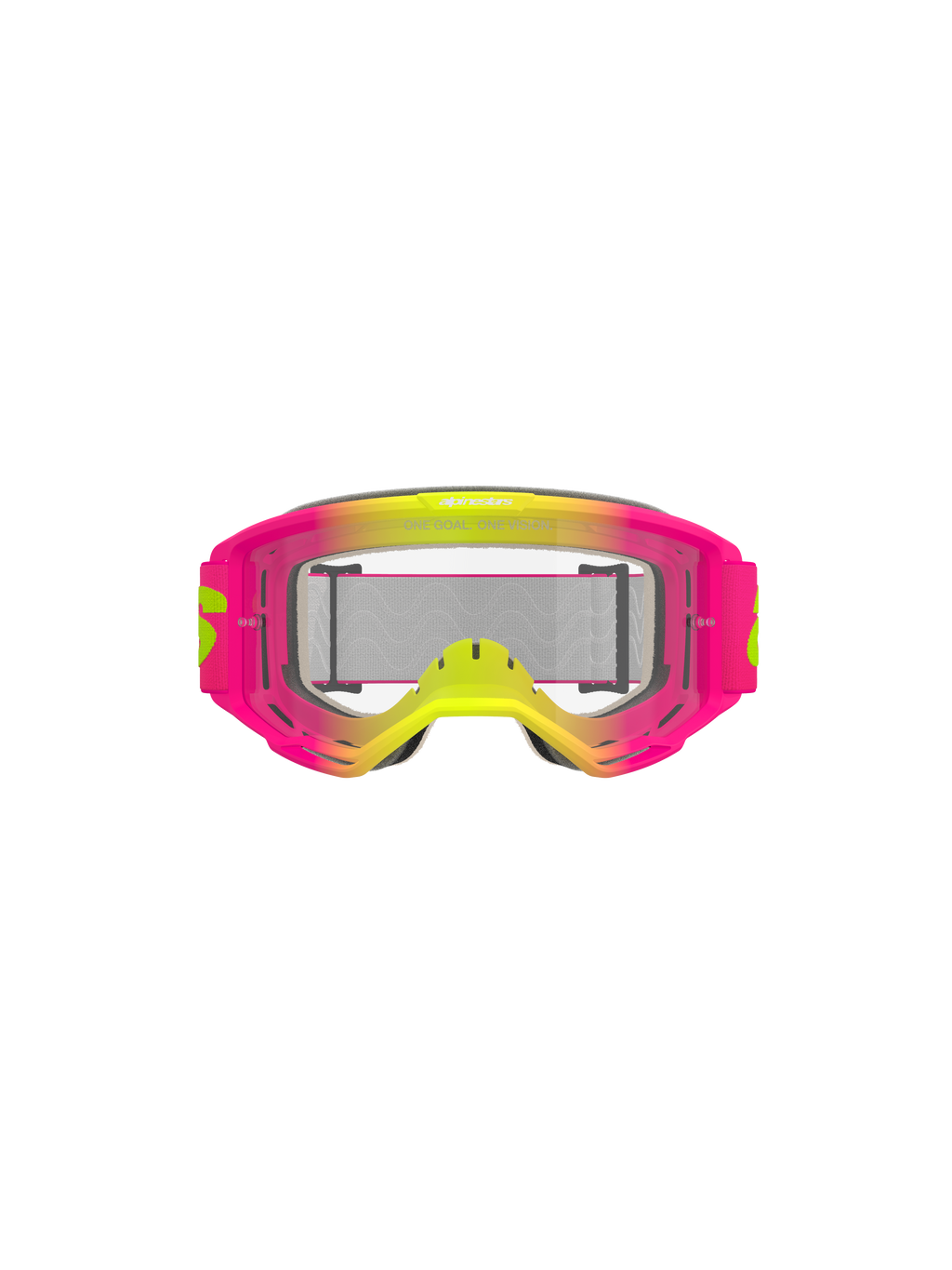 Alpinestars Vision 5 Wordmark Goggles, Motocross Goggles, Pink and Fluo Yellow with Clear Lens, vibrant gradient frame, wide woven strap with yellow branding, high-performance eye protection for off-road riding