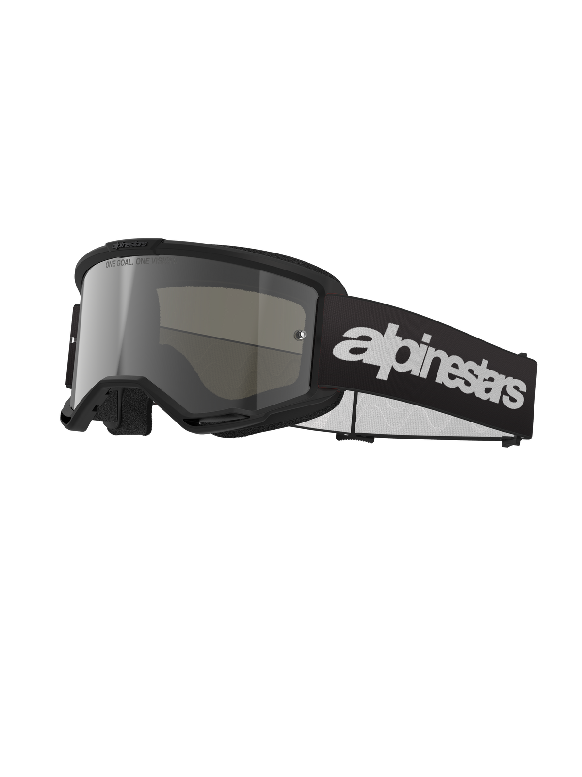 Alpinestars Vision 3 Wordmark skyddsglasögon, motocross-glasögon, svarta och spegelsilver, brett silvertontat glas, justerbart svart band med framträdande vit logotyp, skumfodrad ram med ventilationsöppningar, designad för terrängkörning