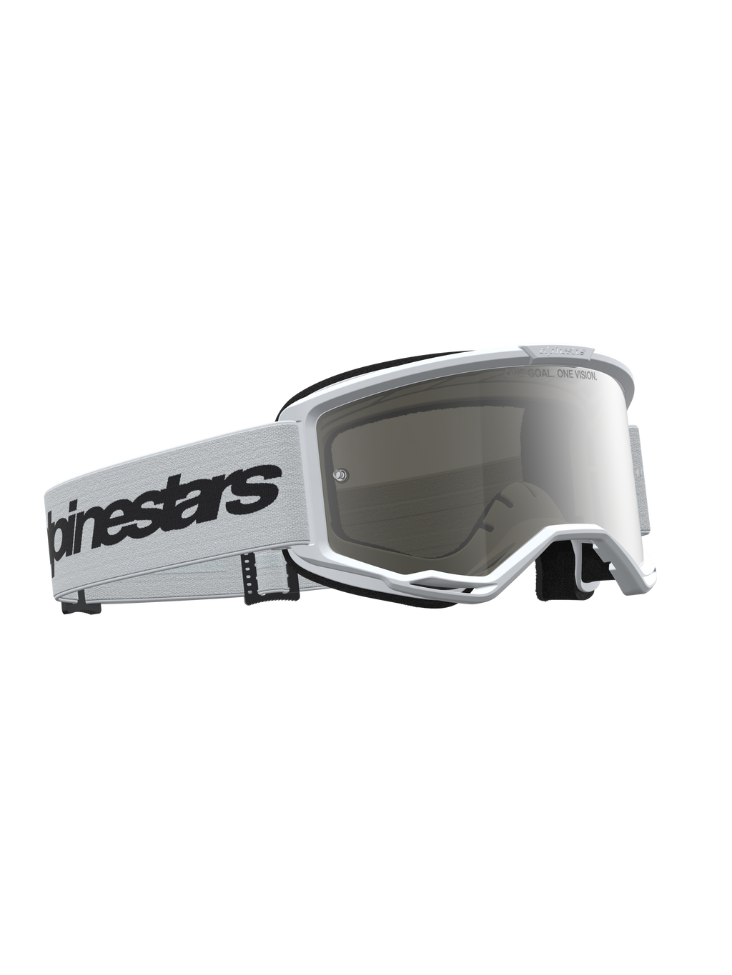 Alpinestars Vision 3 Wordmark Mirror Goggles in white and black, motocross eyewear with anti-fog silver mirror lens.