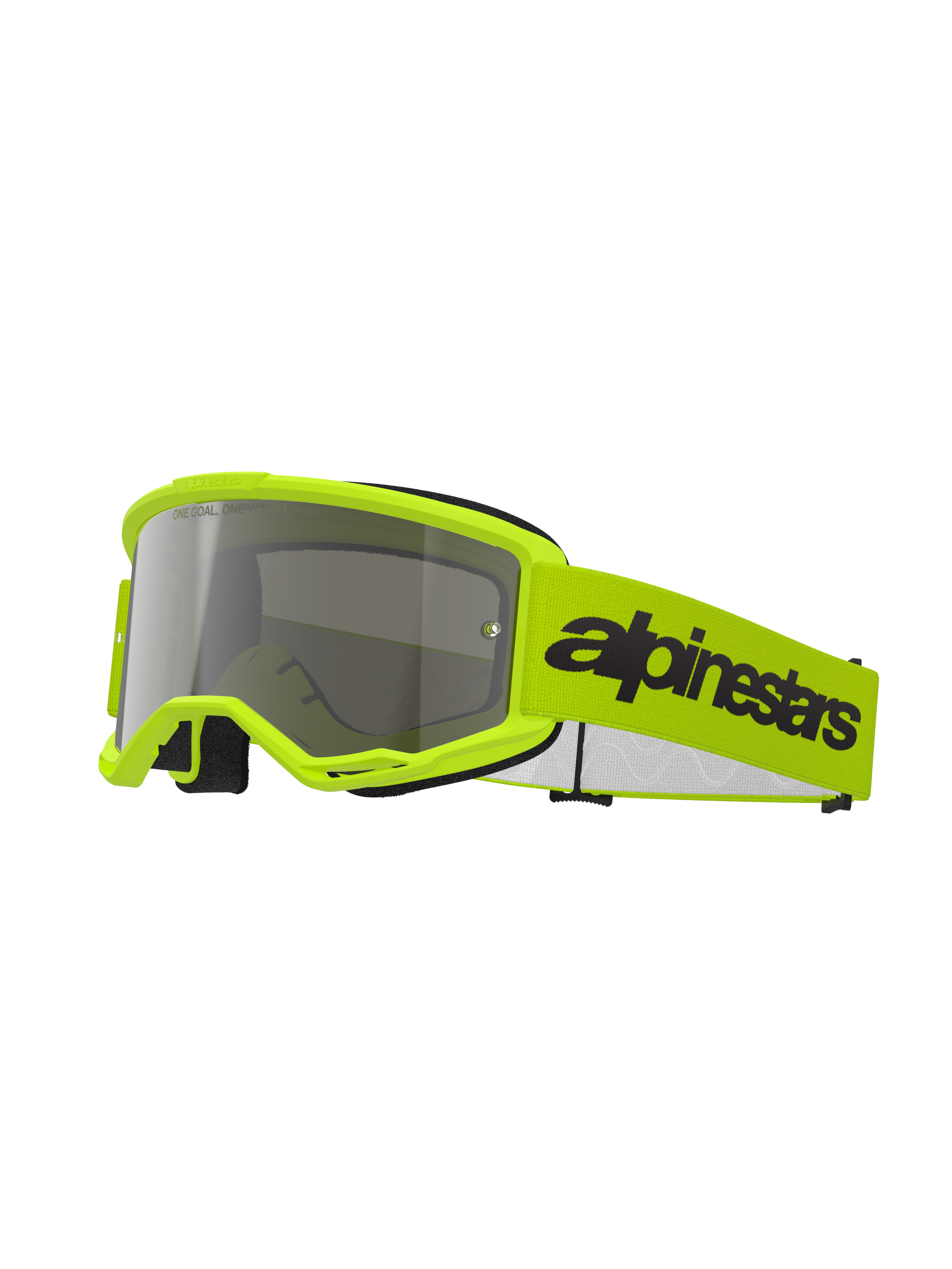 Alpinestars Vision 3 Wordmark Goggles, Motocross Goggles, Yellow Fluo and Silver Mirror, featuring a bright yellow frame and strap with a bold black Alpinestars logo, high-performance eye protection for off-road racing