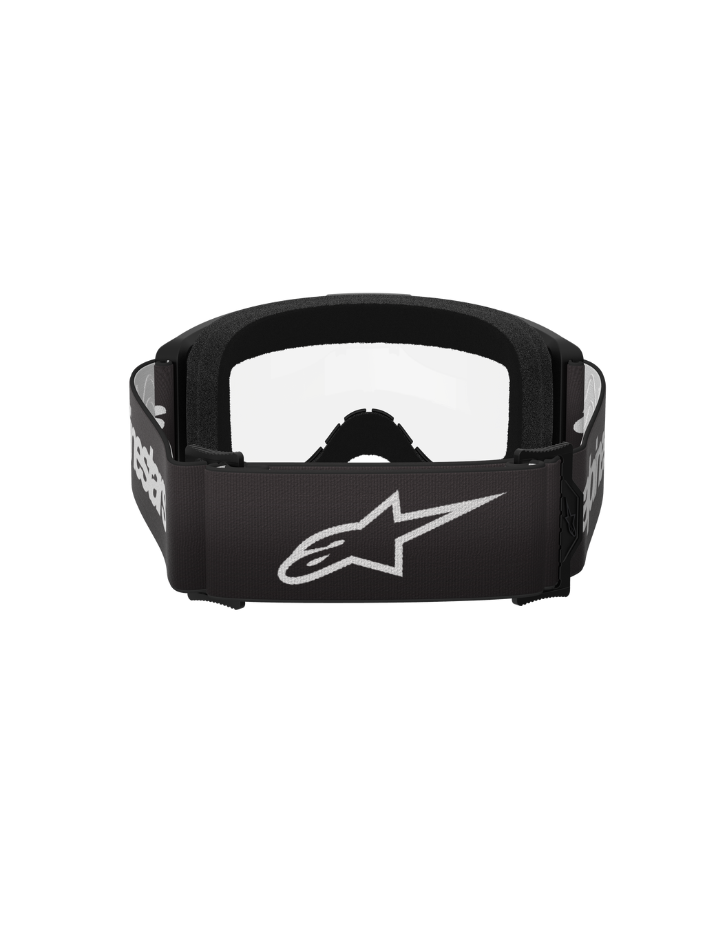 Alpinestars Vision 3 Wordmark Goggles, motocrossglasögon, svarta och klara, baksida med ett brett svart band med en vit Alpinestars-stjärnlogotyp och ordmärke, tjockt svart ansiktsskum och klar lins.