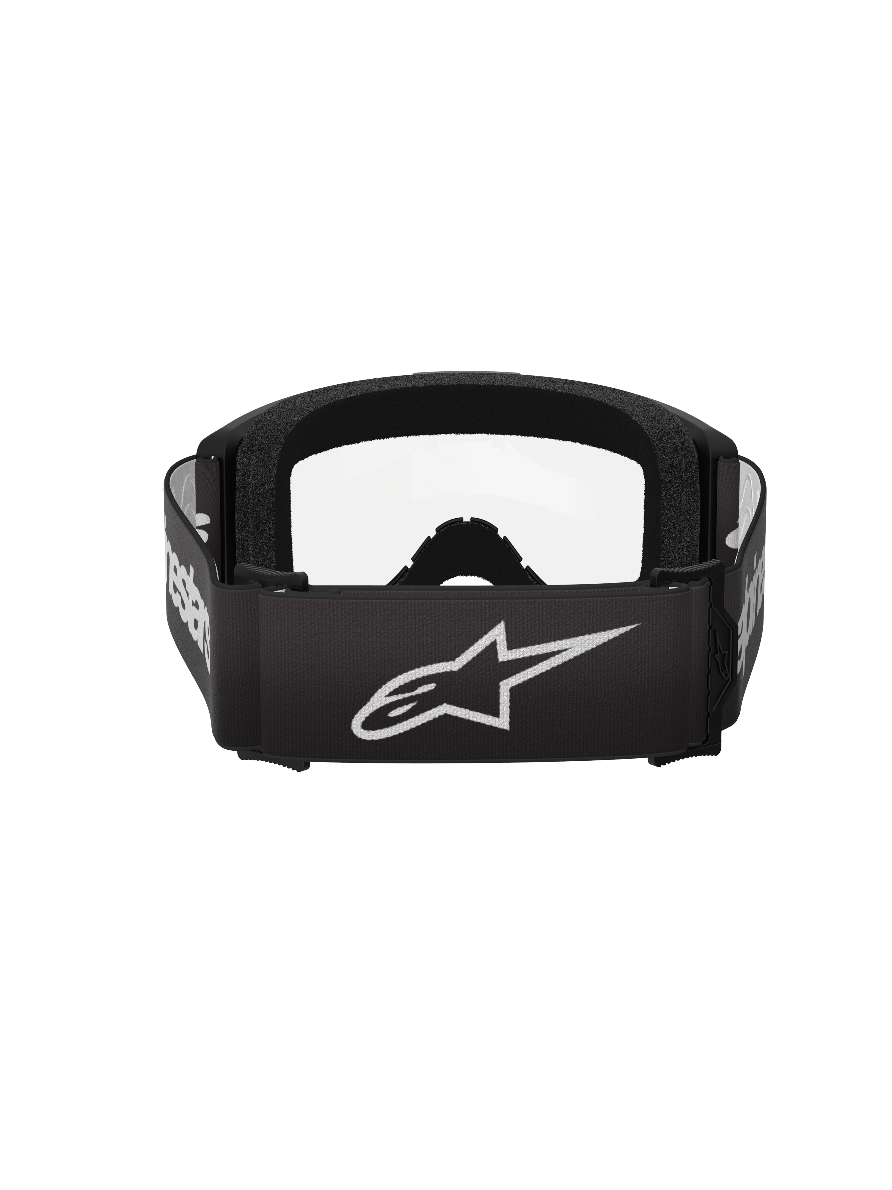 Alpinestars Vision 3 Wordmark Goggles, motocrossglasögon, svarta och klara, baksida med ett brett svart band med en vit Alpinestars-stjärnlogotyp och ordmärke, tjockt svart ansiktsskum och klar lins.