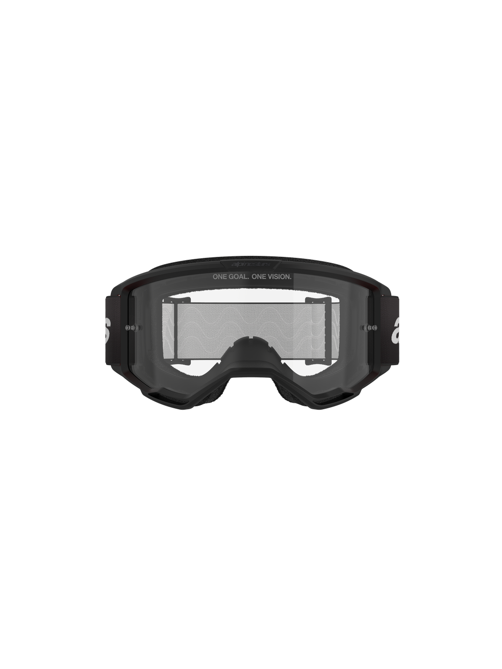 Alpinestars Vision 3 Wordmark Goggles, motocrossglasögon, svarta och klara, vy framifrån med klar imskyddad lins, A-FLEX-ram, svart rem med vit Alpinestars-logotyp och slogan-detaljen 'ONE GOAL. ONE VISION.'