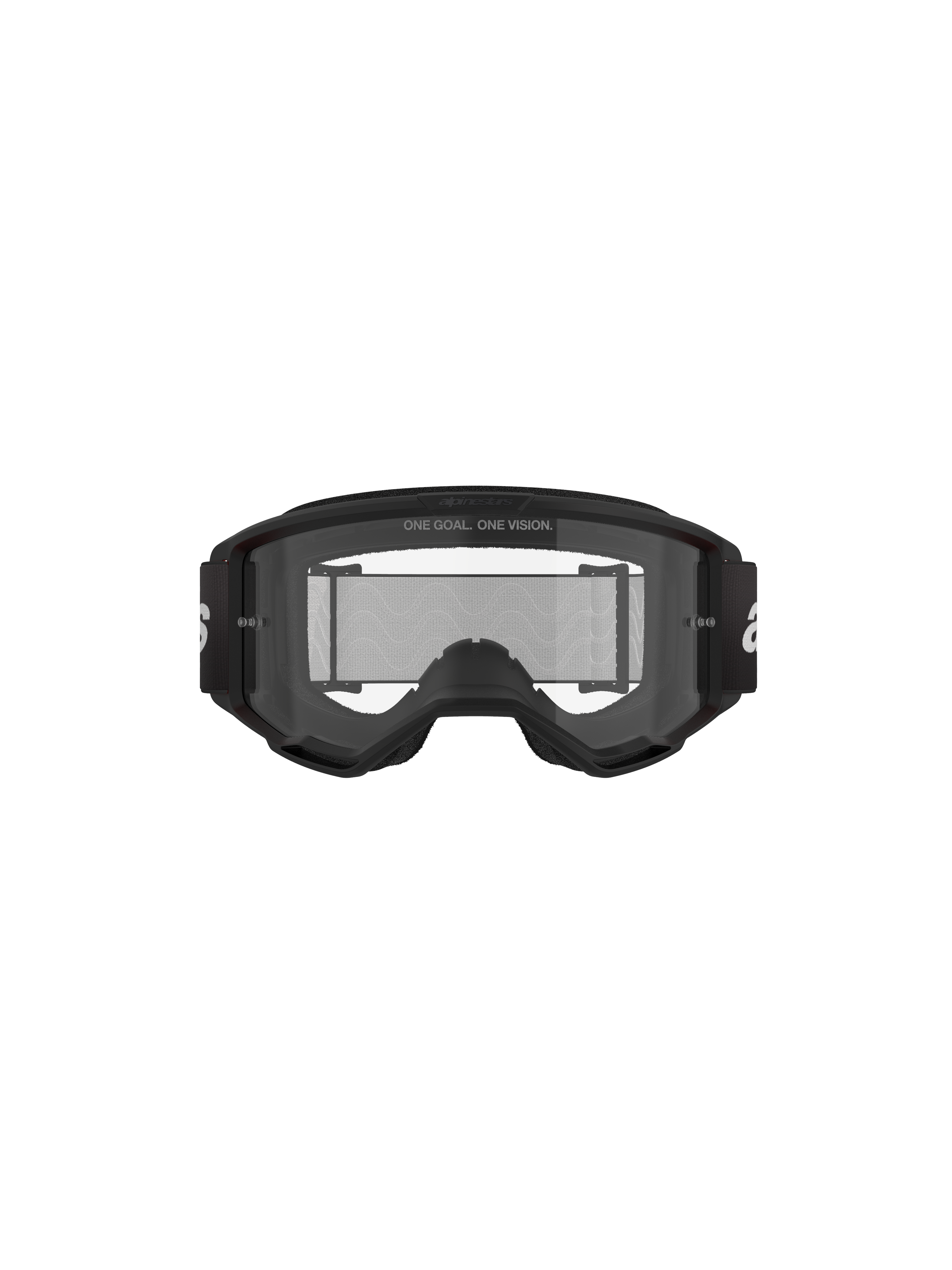 Alpinestars Vision 3 Wordmark Goggles, motocrossglasögon, svarta och klara, vy framifrån med klar imskyddad lins, A-FLEX-ram, svart rem med vit Alpinestars-logotyp och slogan-detaljen 'ONE GOAL. ONE VISION.'
