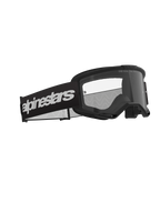 Alpinestars Vision 3 Wordmark goggles, motocrossglasögon, svarta med klar lins, brett svart band med en tydlig vit logotyp, klar imskyddad lins med texten "ONE GOAL. ONE VISION.", stilren prestandadesign för terrängkörning