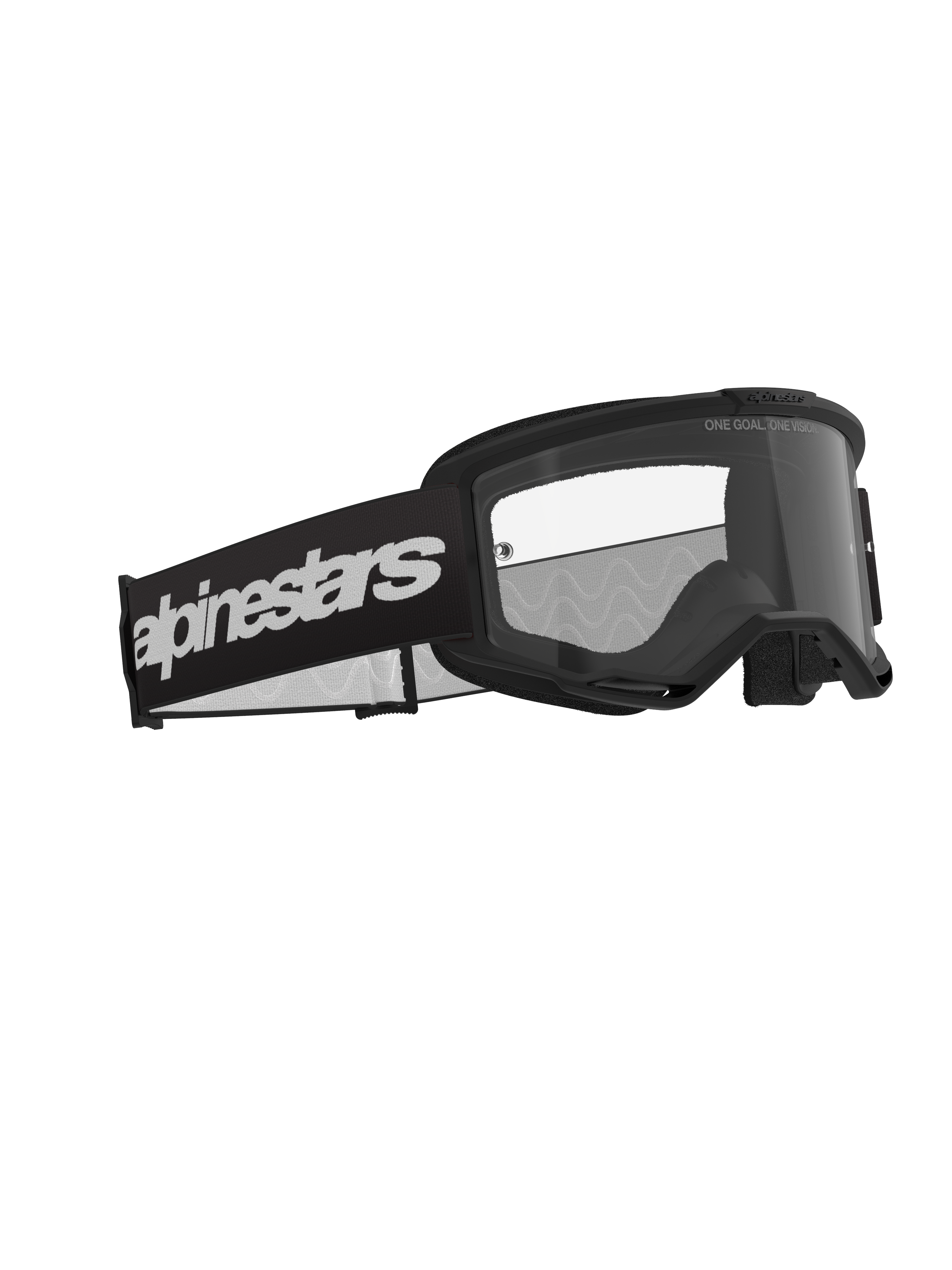 Alpinestars Vision 3 Wordmark goggles, motocrossglasögon, svarta med klar lins, brett svart band med en tydlig vit logotyp, klar imskyddad lins med texten "ONE GOAL. ONE VISION.", stilren prestandadesign för terrängkörning