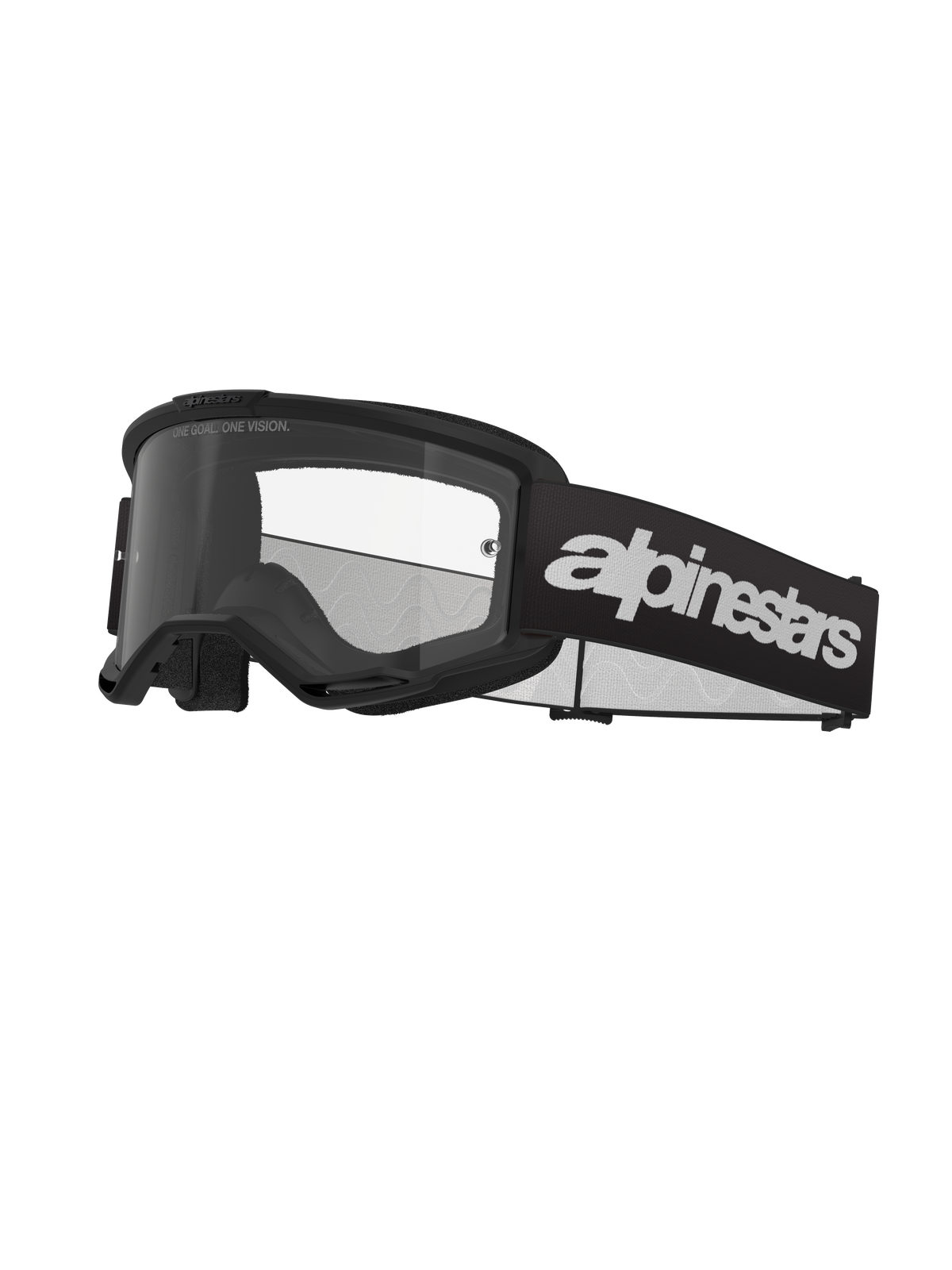 Alpinestars Vision 3 Wordmark Goggles, motocrossglasögon, svarta och klara, framträdande vit Alpinestars-logotyp på remmen, klar lins med texten 'ONE GOAL. ONE VISION.', stilren minimalistisk ramdesign.