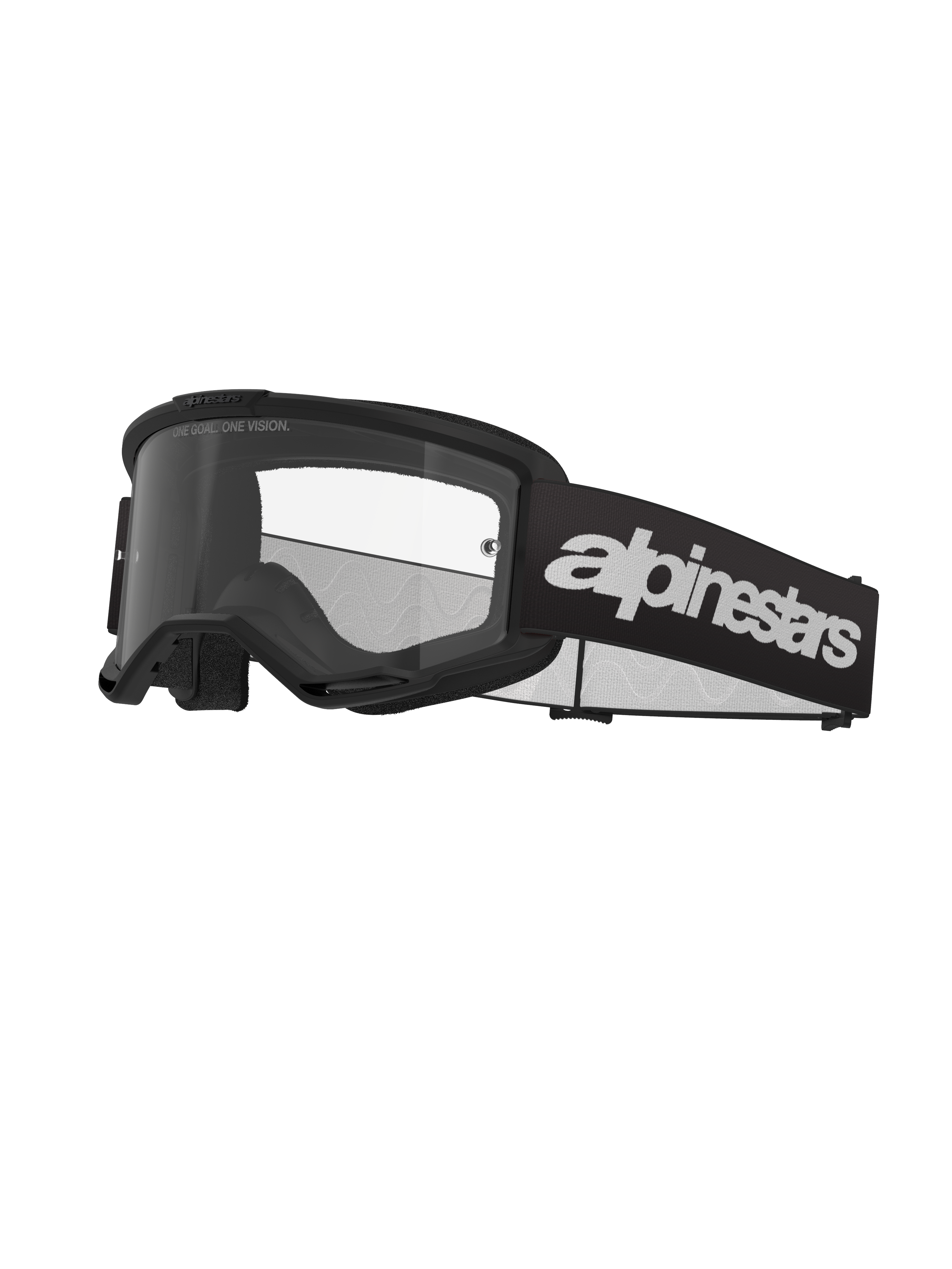 Alpinestars Vision 3 Wordmark Goggles, motocrossglasögon, svarta och klara, framträdande vit Alpinestars-logotyp på remmen, klar lins med texten 'ONE GOAL. ONE VISION.', stilren minimalistisk ramdesign.