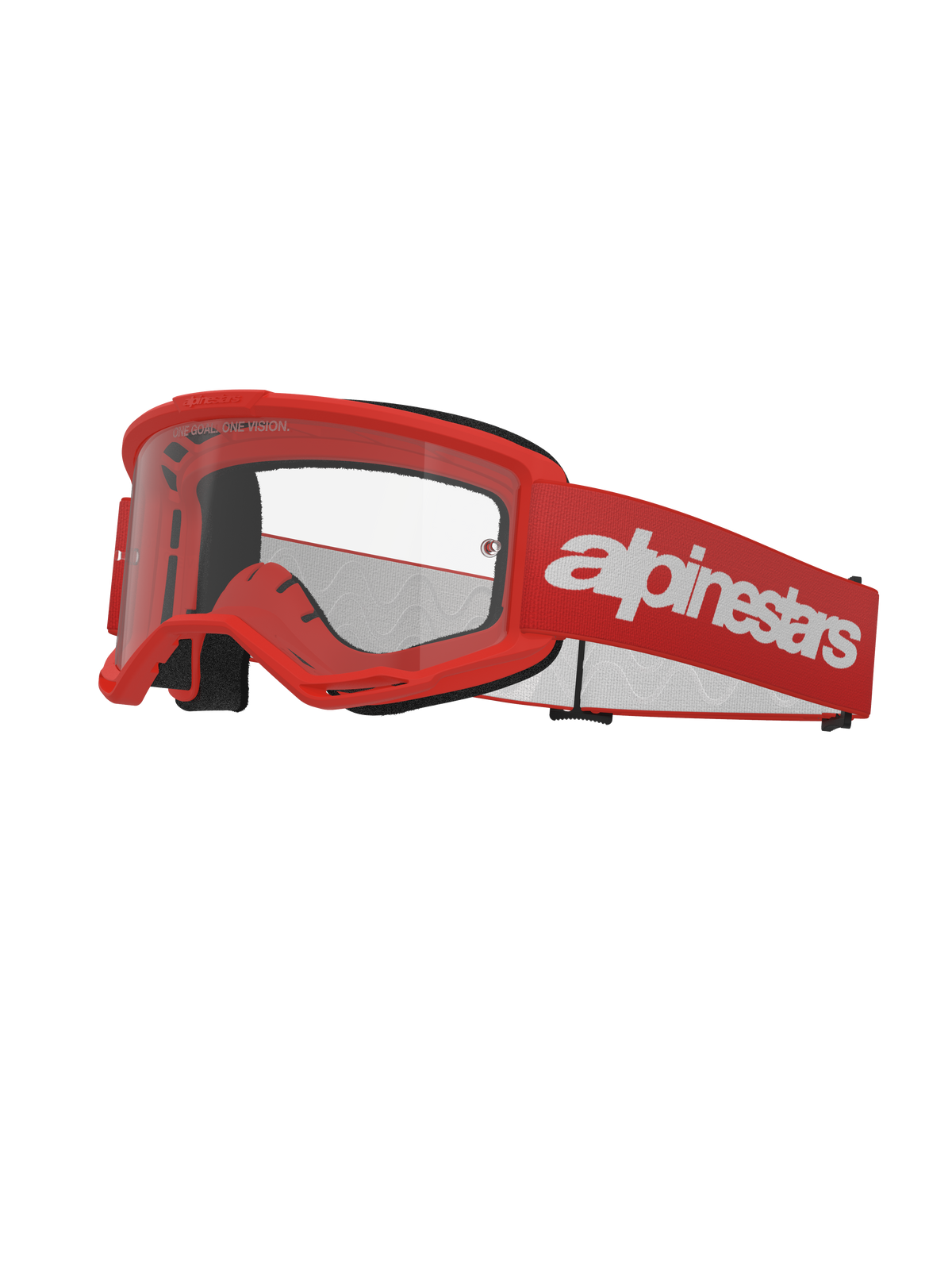 Alpinestars Vision 3 Wordmark Goggles, Motocross Goggles, Red and White, Clear Lens, featuring a wide red strap with bold white wordmark branding, black foam padding, and a ventilated A-FLEX frame for off-road racing.