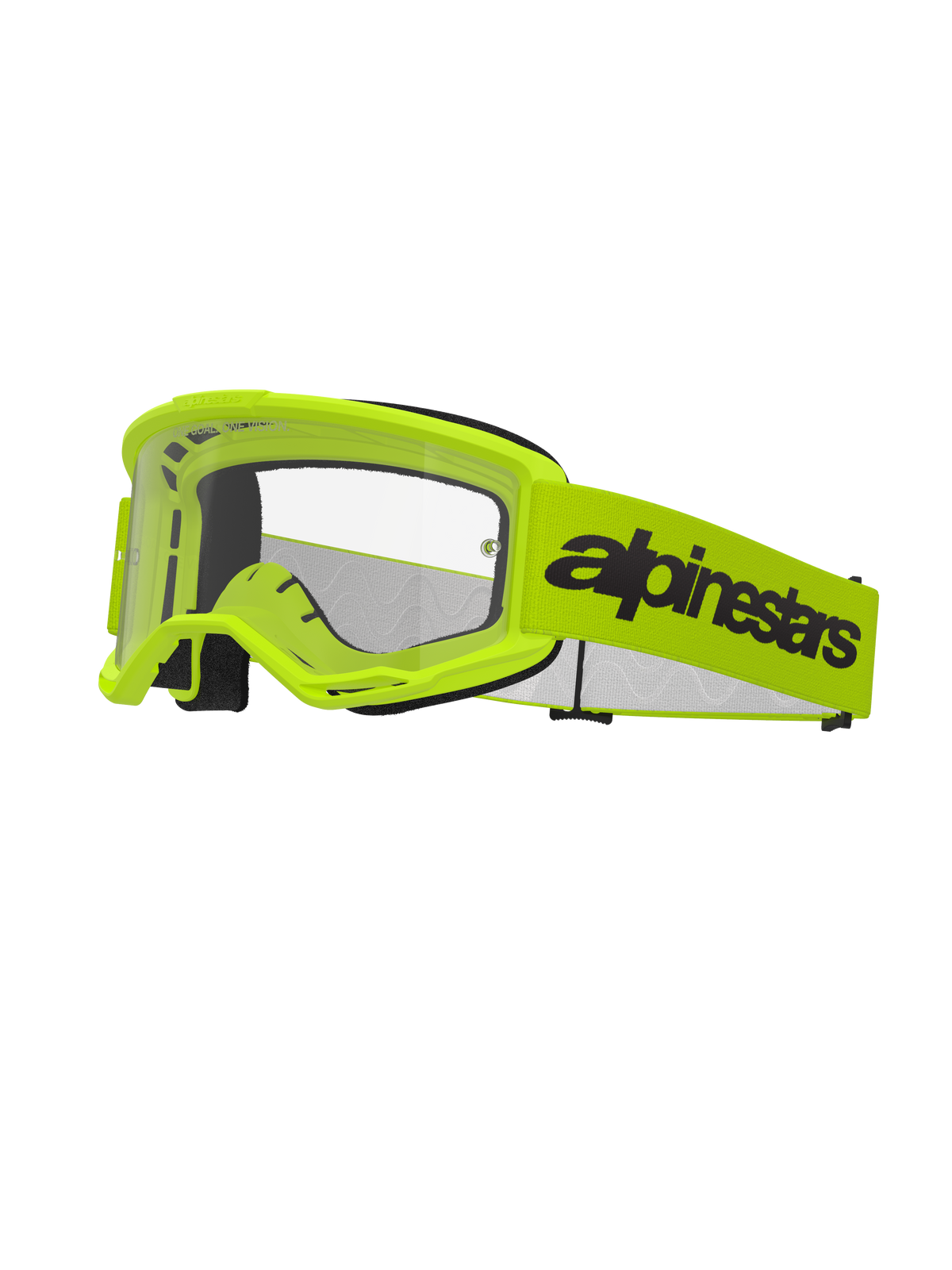 Alpinestars Vision 3 Wordmark motocrossglasögon, neongula och svarta, klar lins, bred gul rem med framträdande svart logotyp, svart skumvaddering, racingglasögon för terrängkörning
