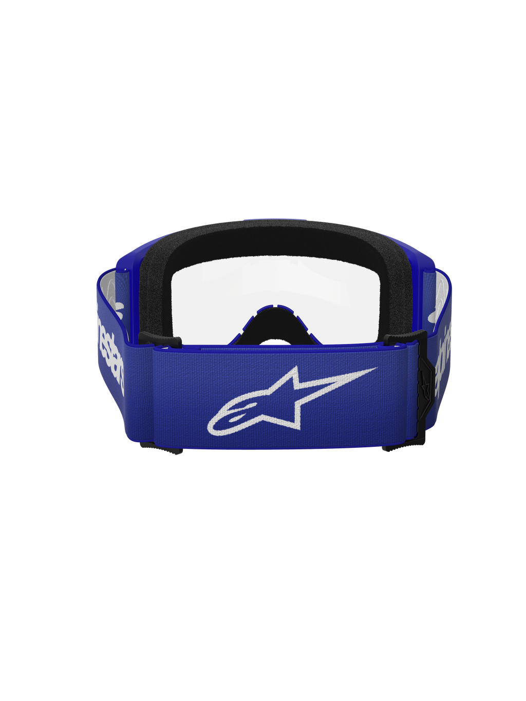Alpinestars Vision 3 Wordmark Goggles, motocrossglasögon, blå och klar, baksida med ett brett blått band med en vit A-stjärna-logotyp, svart skumvaddering och klar lins, designade för terrängkörning