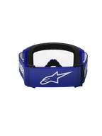 Alpinestars Vision 3 Wordmark Goggles, motocrossglasögon, blå och klar, baksida med ett brett blått band med en vit A-stjärna-logotyp, svart skumvaddering och klar lins, designade för terrängkörning