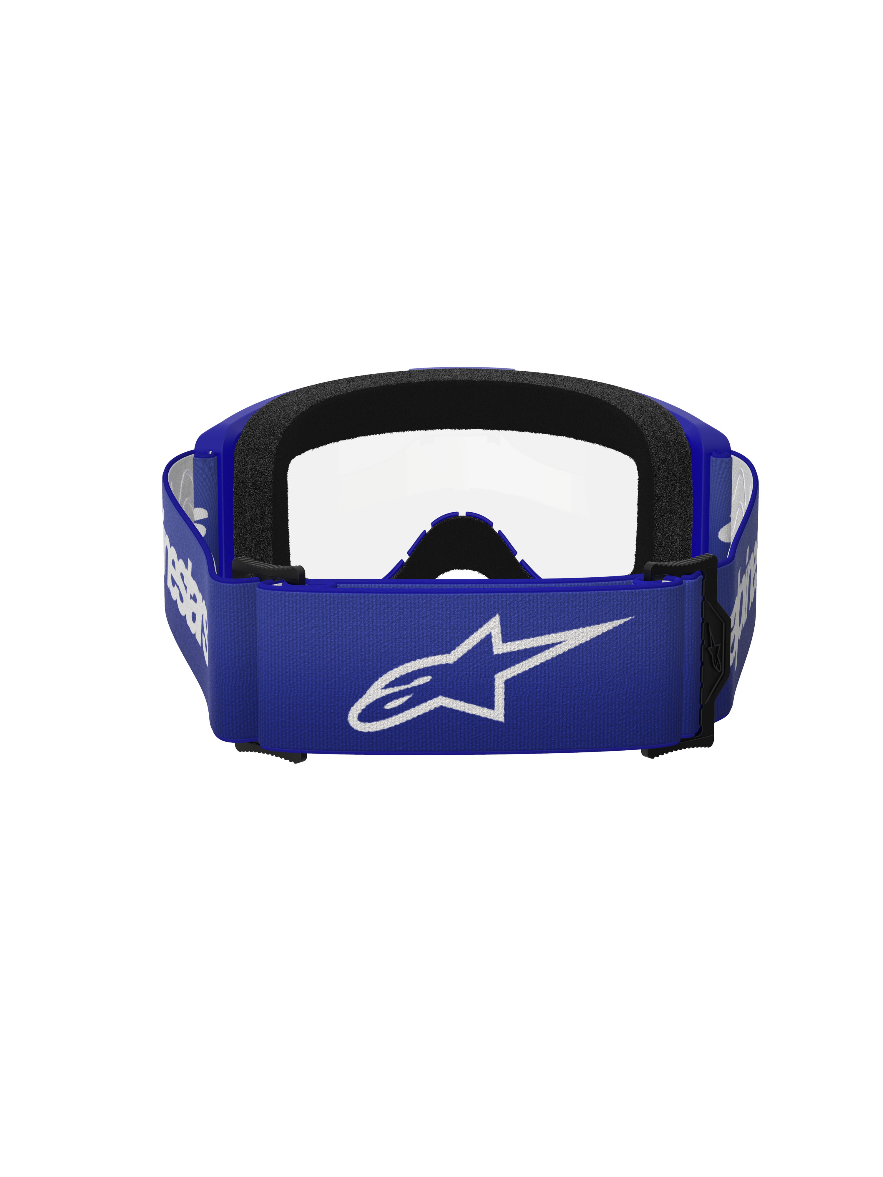 Alpinestars Vision 3 Wordmark Goggles, motocrossglasögon, blå och klar, baksida med ett brett blått band med en vit A-stjärna-logotyp, svart skumvaddering och klar lins, designade för terrängkörning