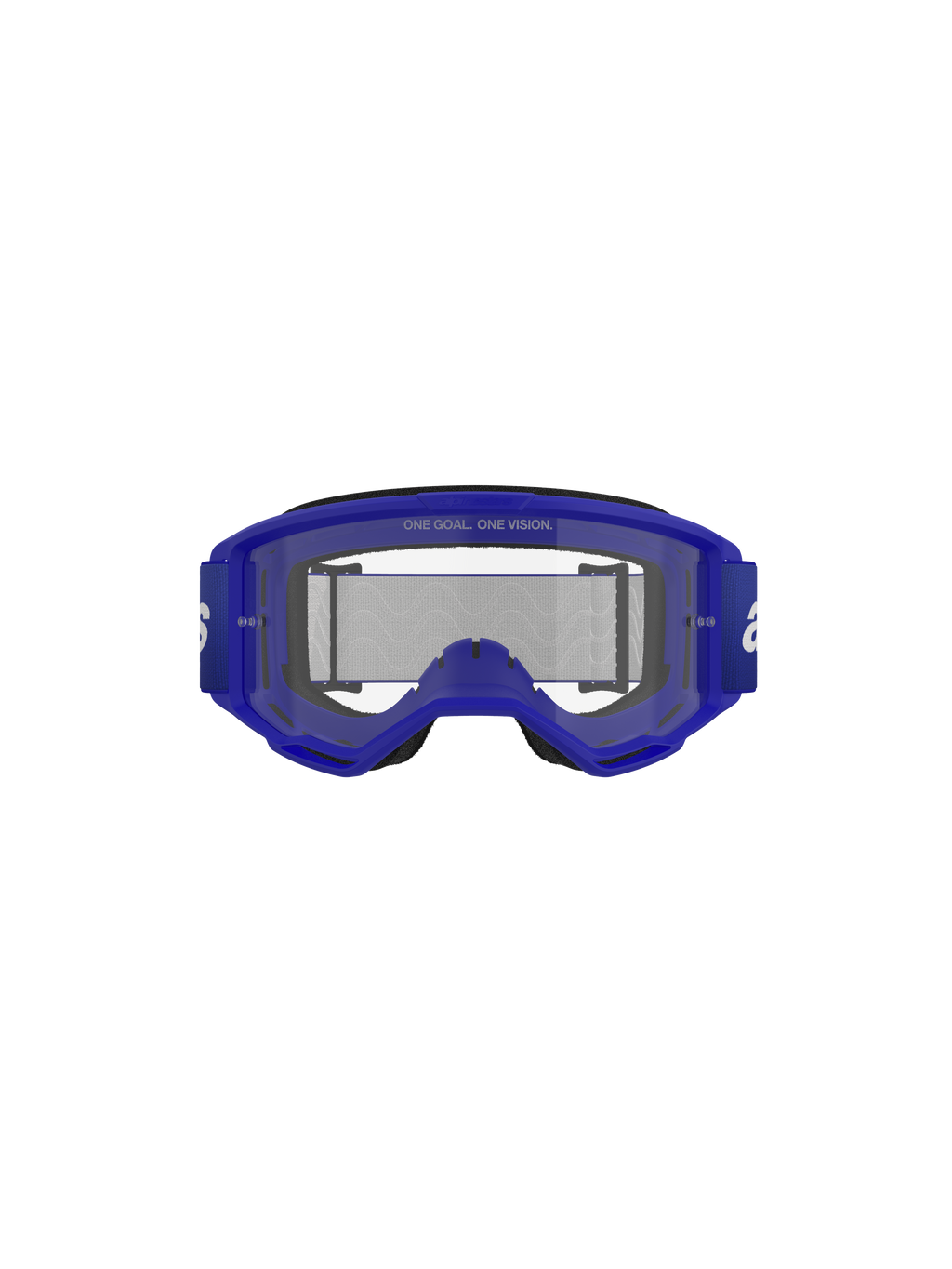 Alpinestars Vision 3 Wordmark-glasögon, motocrossglasögon, Blue Clear, vy framifrån som visar blå A-FLEX-ram och klar imskyddande lins med texten "ONE GOAL. ONE VISION.", bred blå rem med vit logotyp