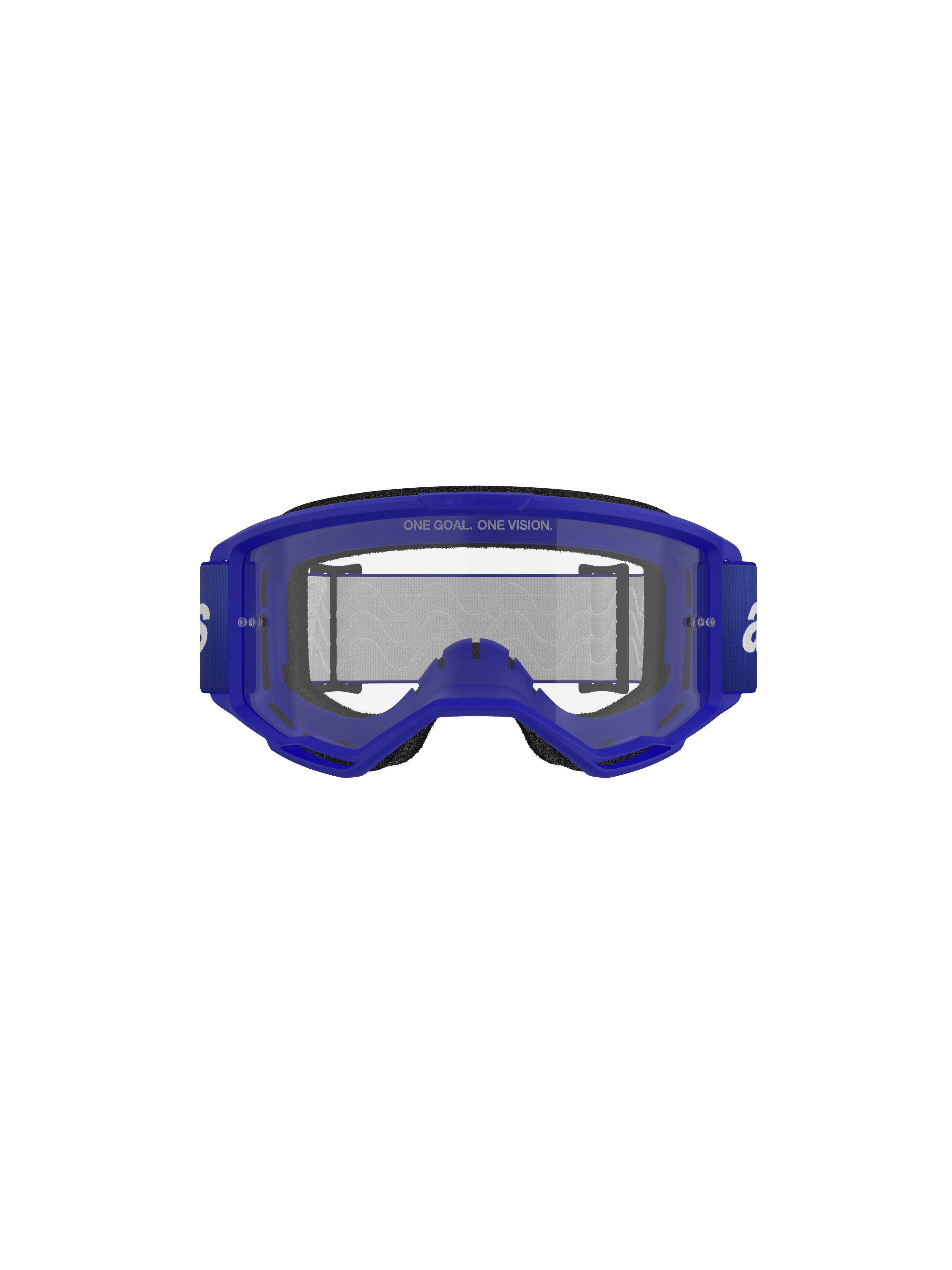 Alpinestars Vision 3 Wordmark-glasögon, motocrossglasögon, Blue Clear, vy framifrån som visar blå A-FLEX-ram och klar imskyddande lins med texten "ONE GOAL. ONE VISION.", bred blå rem med vit logotyp