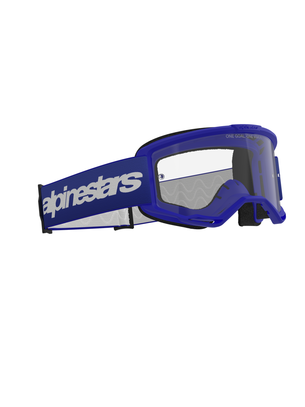 Alpinestars Vision 3 Wordmark Goggles, motocrossglasögon, blå och klar, med en blå A-FLEX-ram, klar imskyddande polykarbonatlins och en bred mörkblå rem med vit Alpinestars wordmark-logotyp, hållbart ögonskydd för terrängkörning