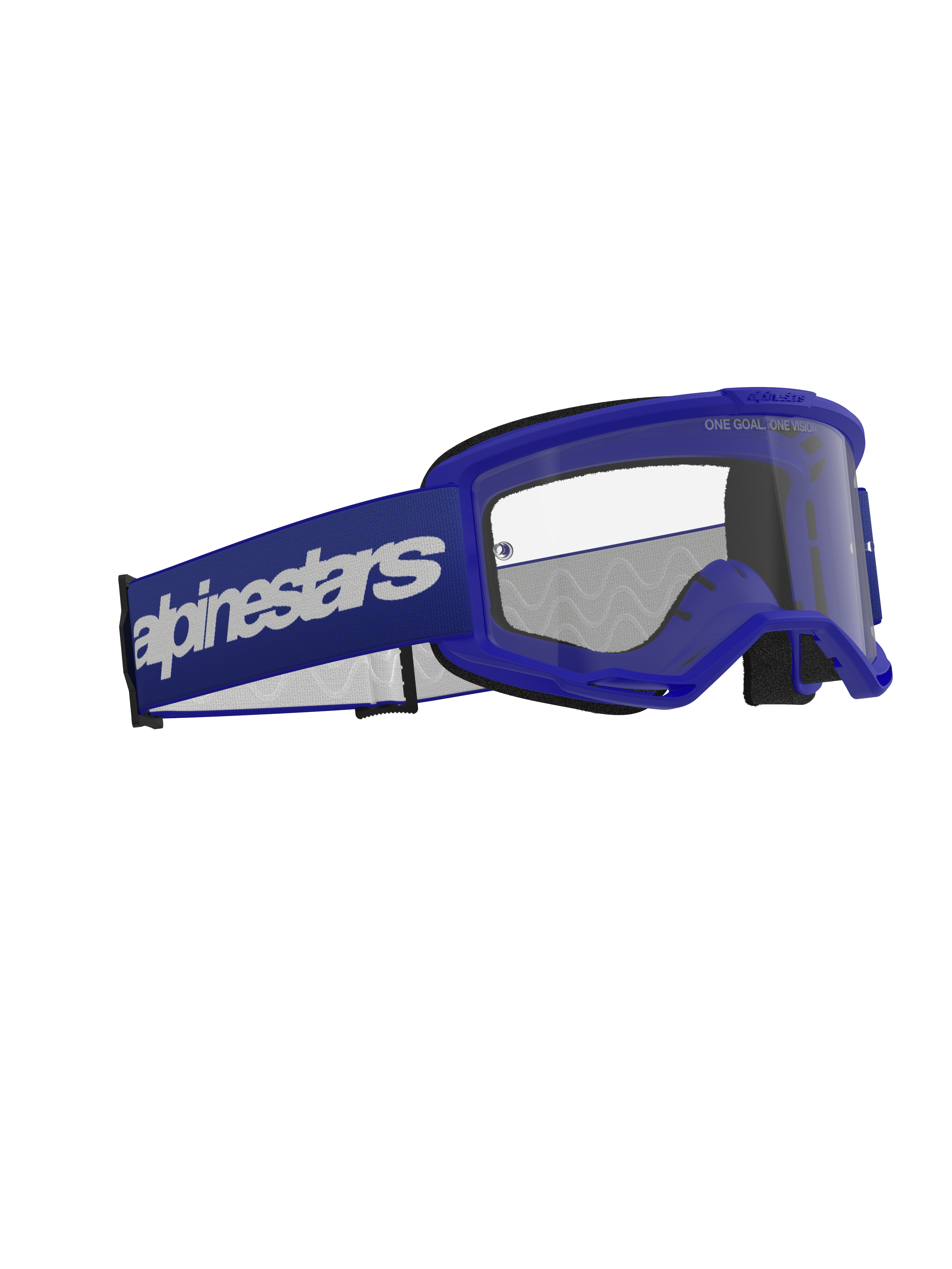 Alpinestars Vision 3 Wordmark Goggles, motocrossglasögon, blå och klar, med en blå A-FLEX-ram, klar imskyddande polykarbonatlins och en bred mörkblå rem med vit Alpinestars wordmark-logotyp, hållbart ögonskydd för terrängkörning