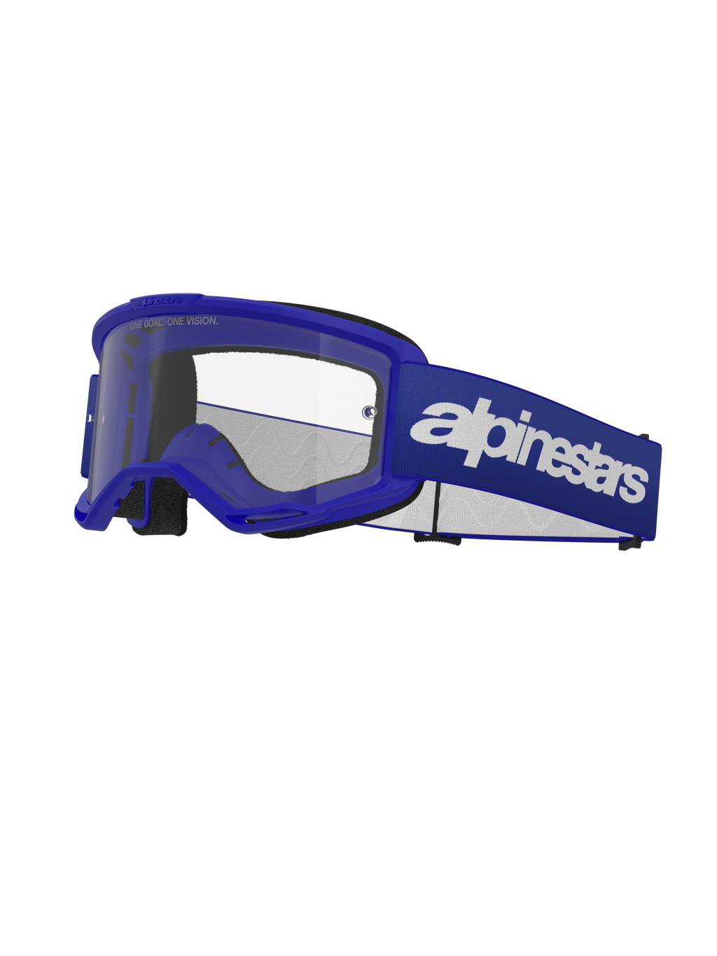 Alpinestars Vision 3 Wordmark Goggles, motocrossglasögon, blå och vita, klar lins, svart skumvaddering, justerbart blått elastiskt band med vit logotyp, ventilerad ram