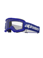Alpinestars Vision 3 Wordmark Goggles, motocrossglasögon, blå och vita, klar lins, svart skumvaddering, justerbart blått elastiskt band med vit logotyp, ventilerad ram