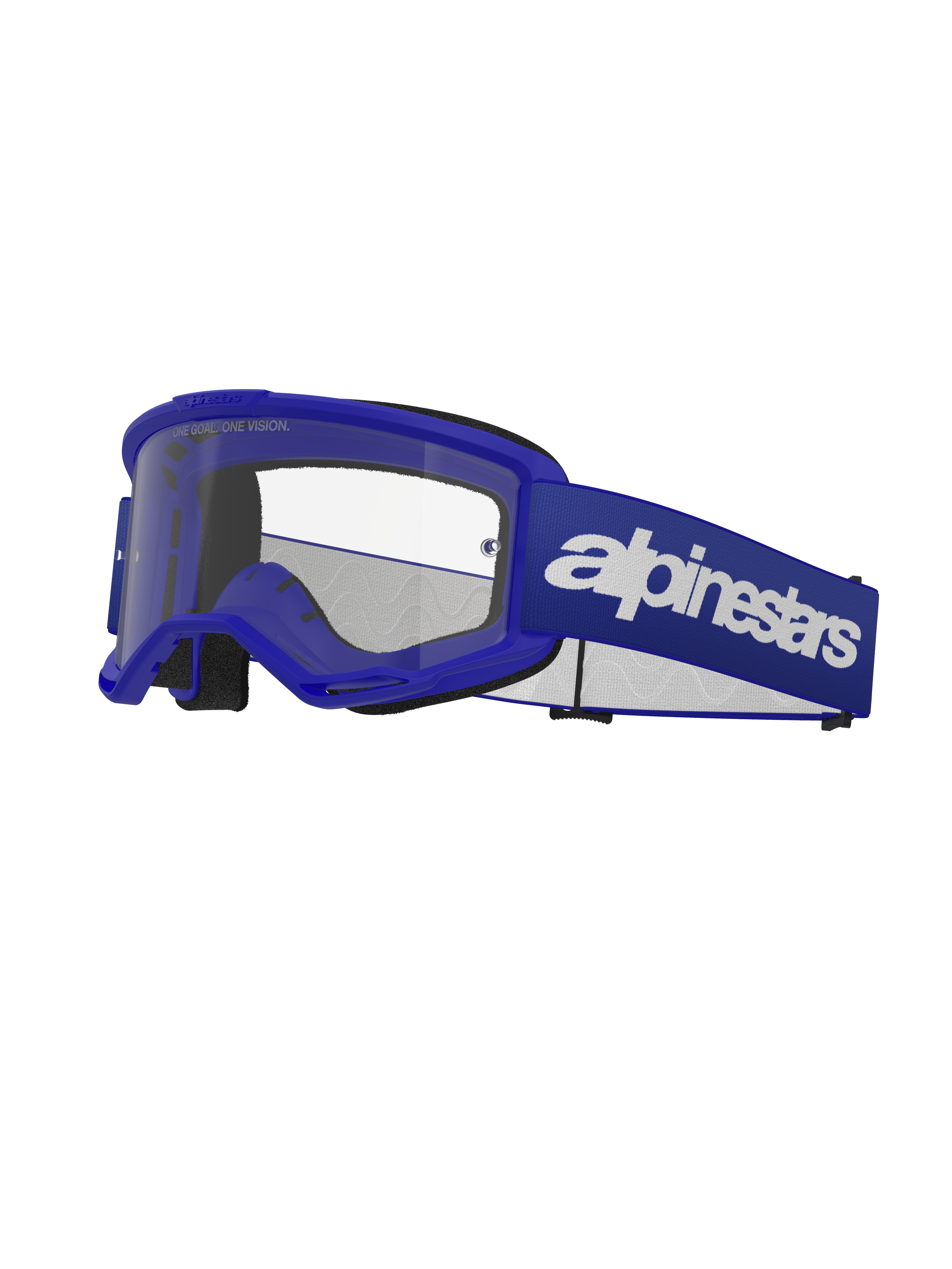 Alpinestars Vision 3 Wordmark Goggles, motocrossglasögon, blå och vita, klar lins, svart skumvaddering, justerbart blått elastiskt band med vit logotyp, ventilerad ram