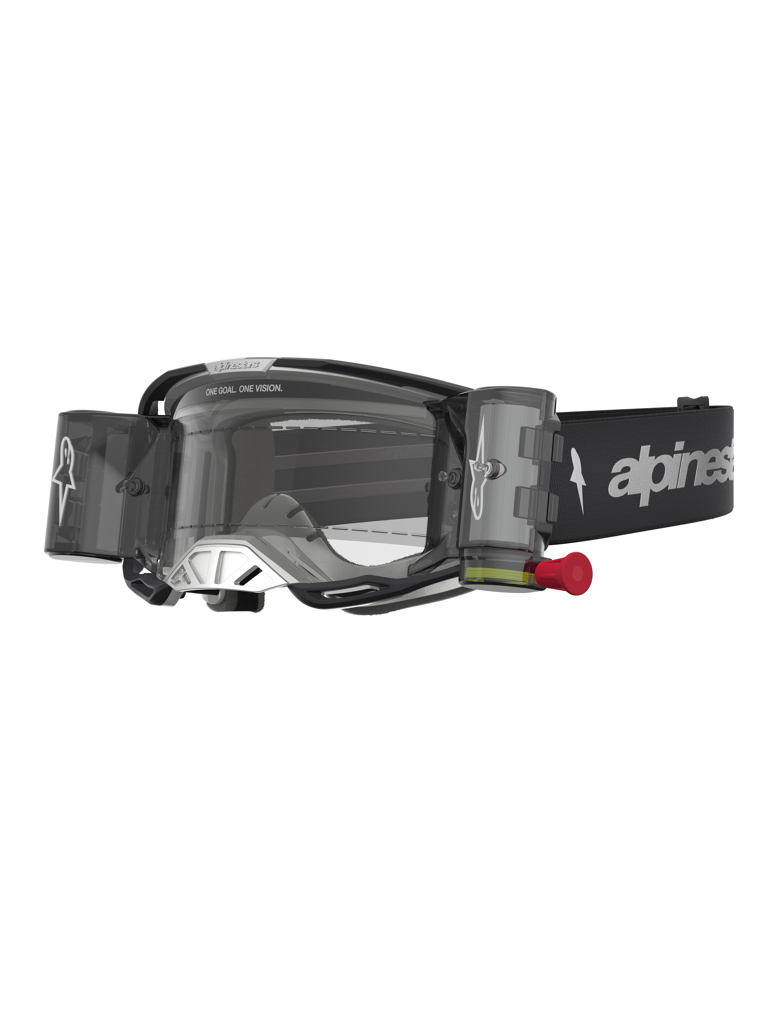 Alpinestars Vision 8 Amber Roll Off goggles, svarta och silverfärgade motocrossglasögon med ett klart roll-off-system för terrängkörning