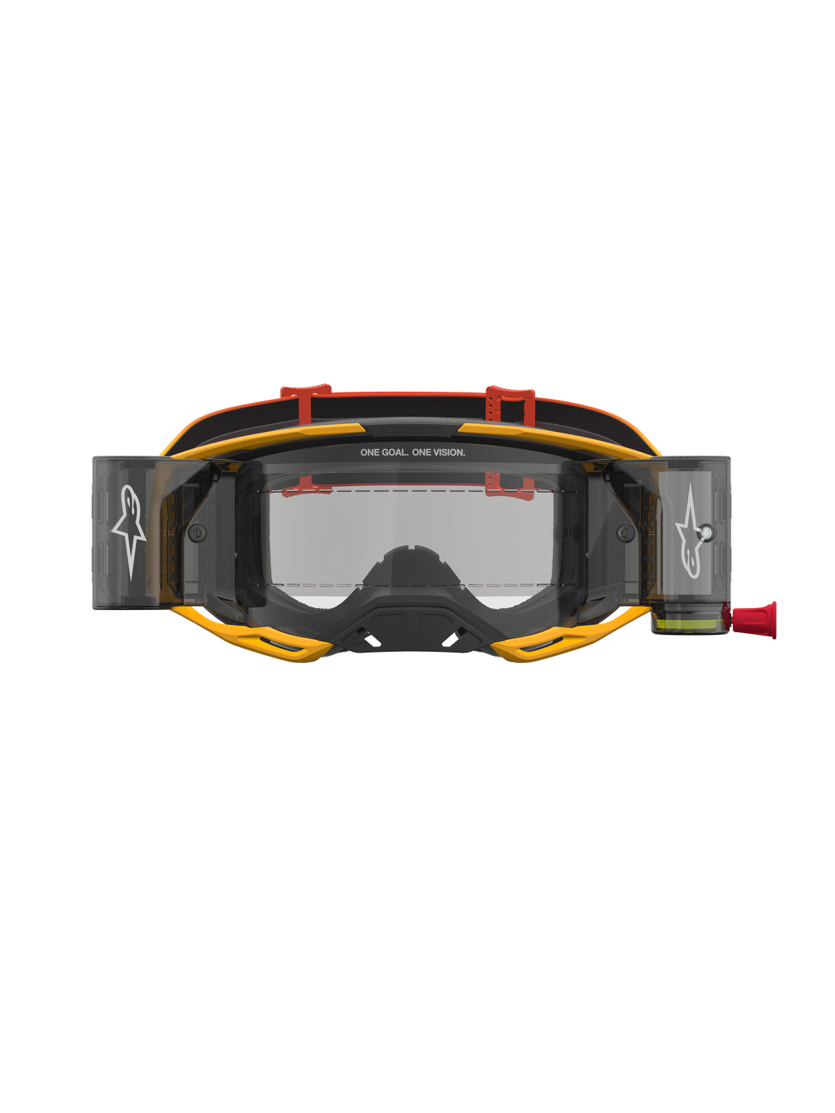 Alpinestars Vision 8 Amber Roll Off goggles, gula och röda motocrossgoggles med roll-off-system och klar lins.