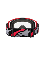 Alpinestars Vision 8 Luar Goggles, motocrossglasögon, röda, svarta och klara, vy bakifrån med en bred vävd rem med tydlig stjärnlogotyp, flerskiktat ansiktsskum och lätt A-FLEX-ramdesign