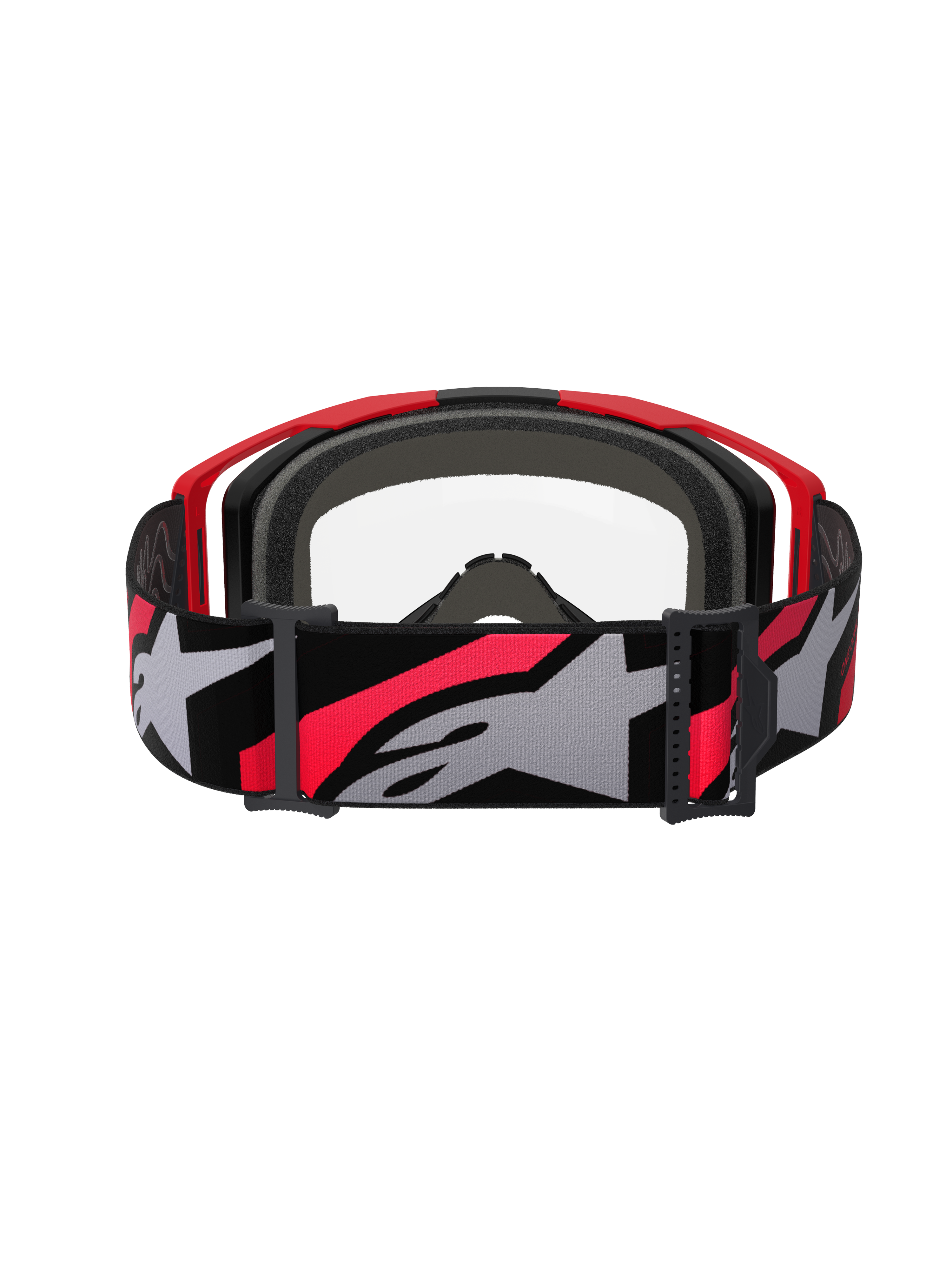 Alpinestars Vision 8 Luar Goggles, motocrossglasögon, röda, svarta och klara, vy bakifrån med en bred vävd rem med tydlig stjärnlogotyp, flerskiktat ansiktsskum och lätt A-FLEX-ramdesign